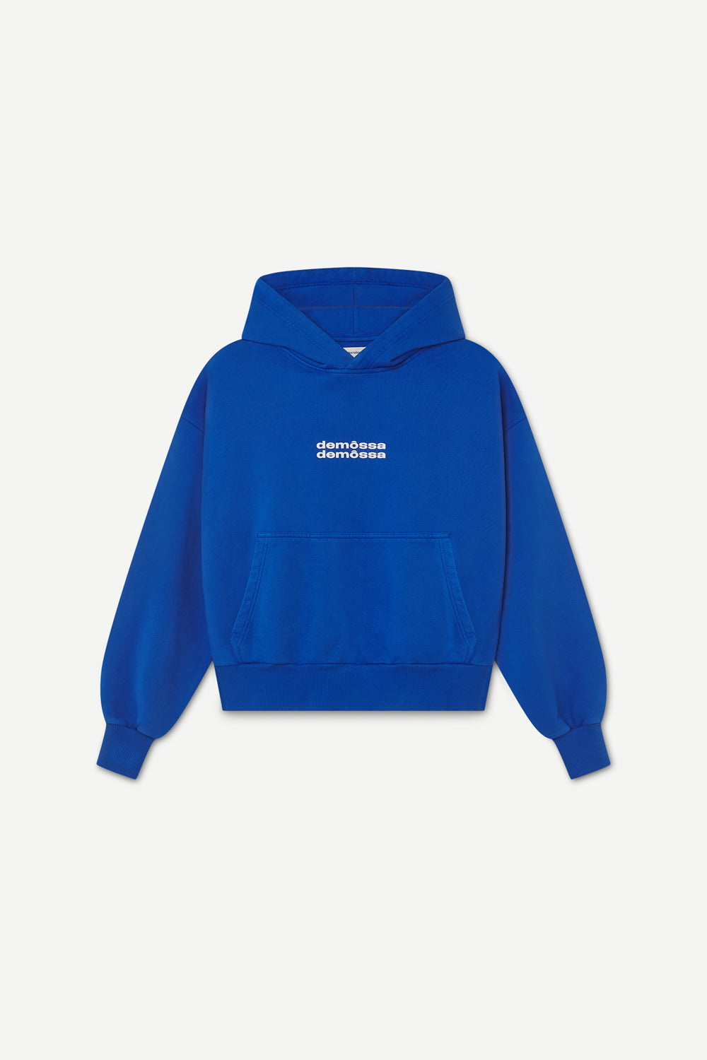 Blue hoodie with two white demossa logos on a light gray background