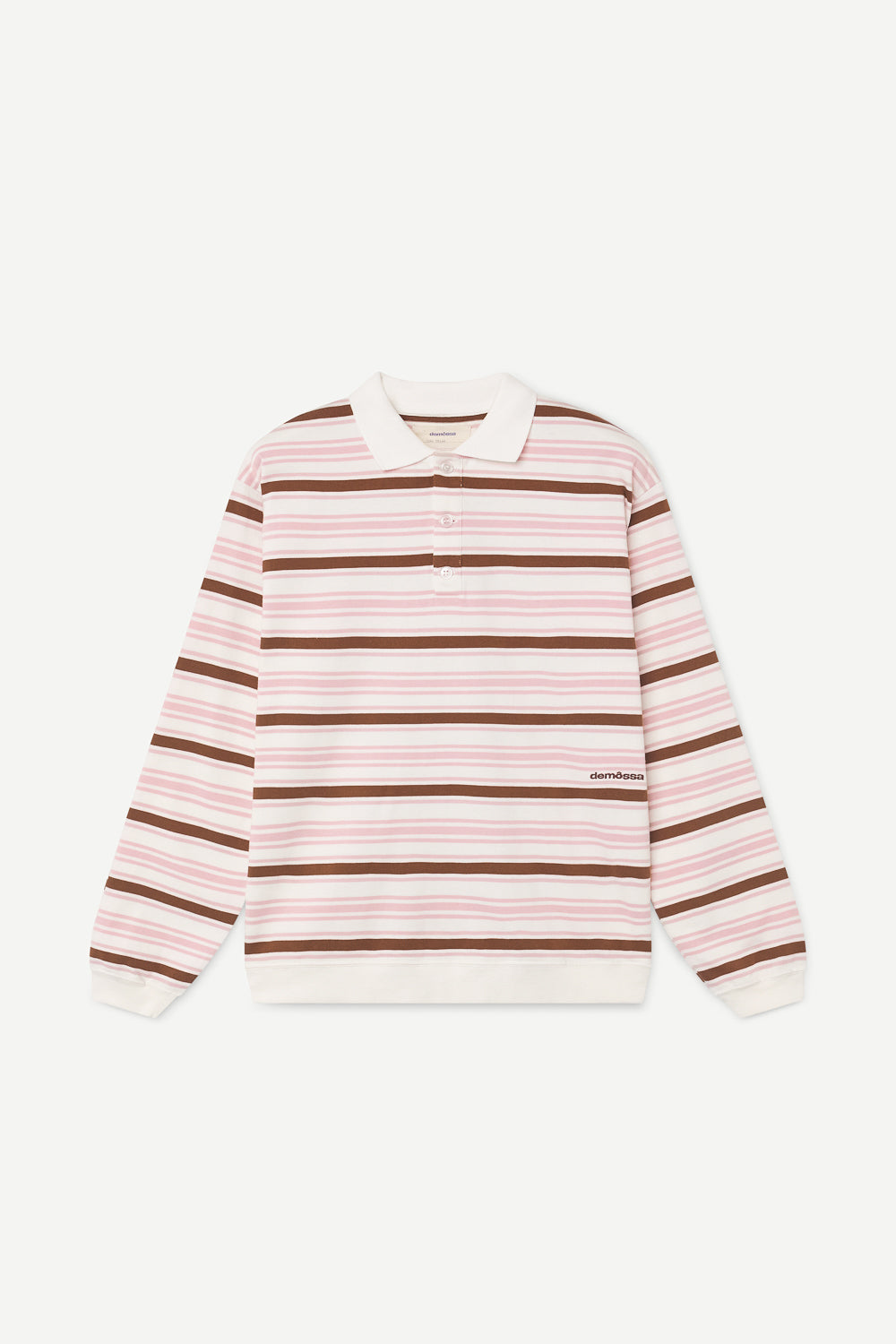 Striped polo shirt with pink and brown horizontal stripes on a white background. Demossa embroidered logo on the lower chest.