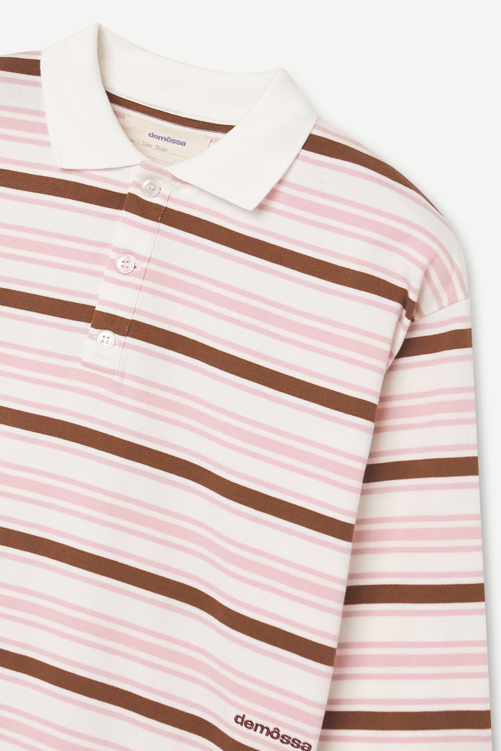 Pink and brown striped polo shirt with a visible brand logo on a white background
