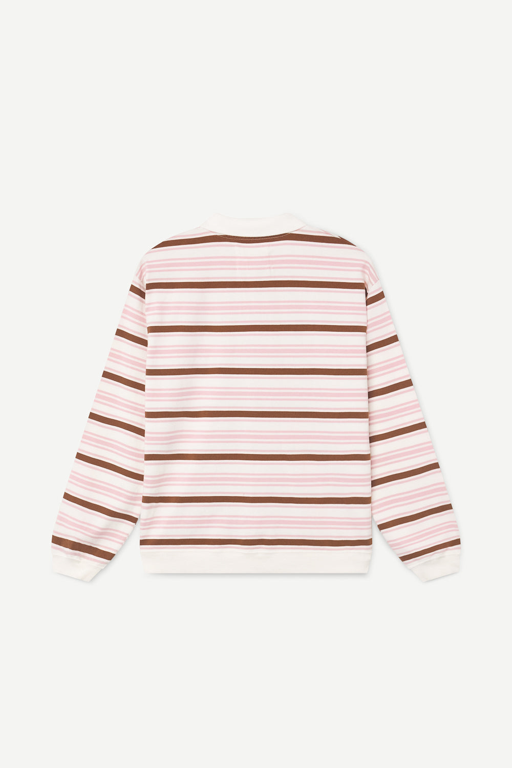 Striped polo shirt with pink and brown horizontal stripes on a white background