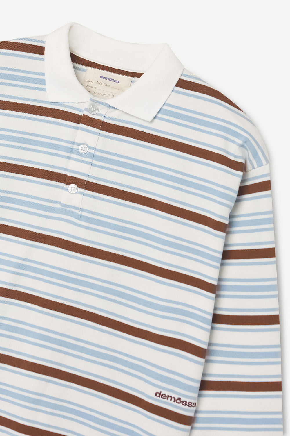 Striped long-sleeve polo shirt with brown and blue stripes on a white background. demossa logo embroided on the lower chest.