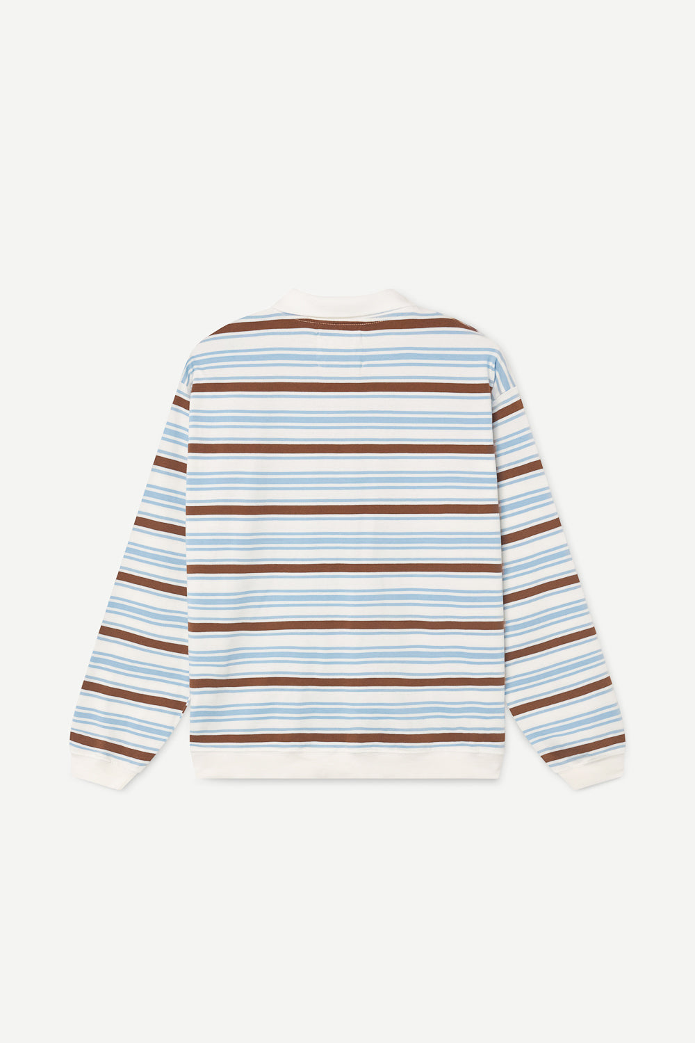 Striped longsleeve polo with brown and blue stripes on a white background