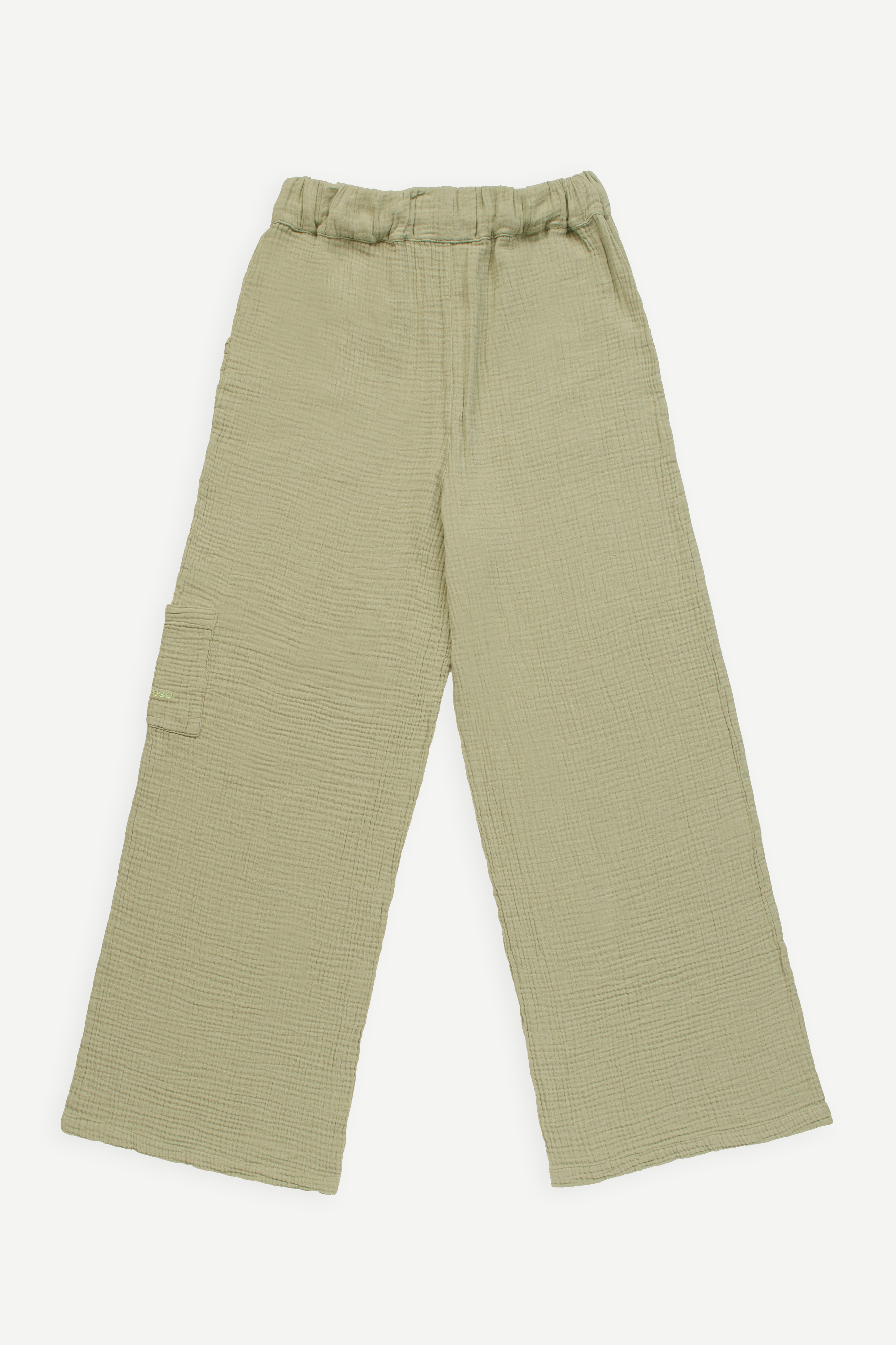 Green ribbed pants on a white background