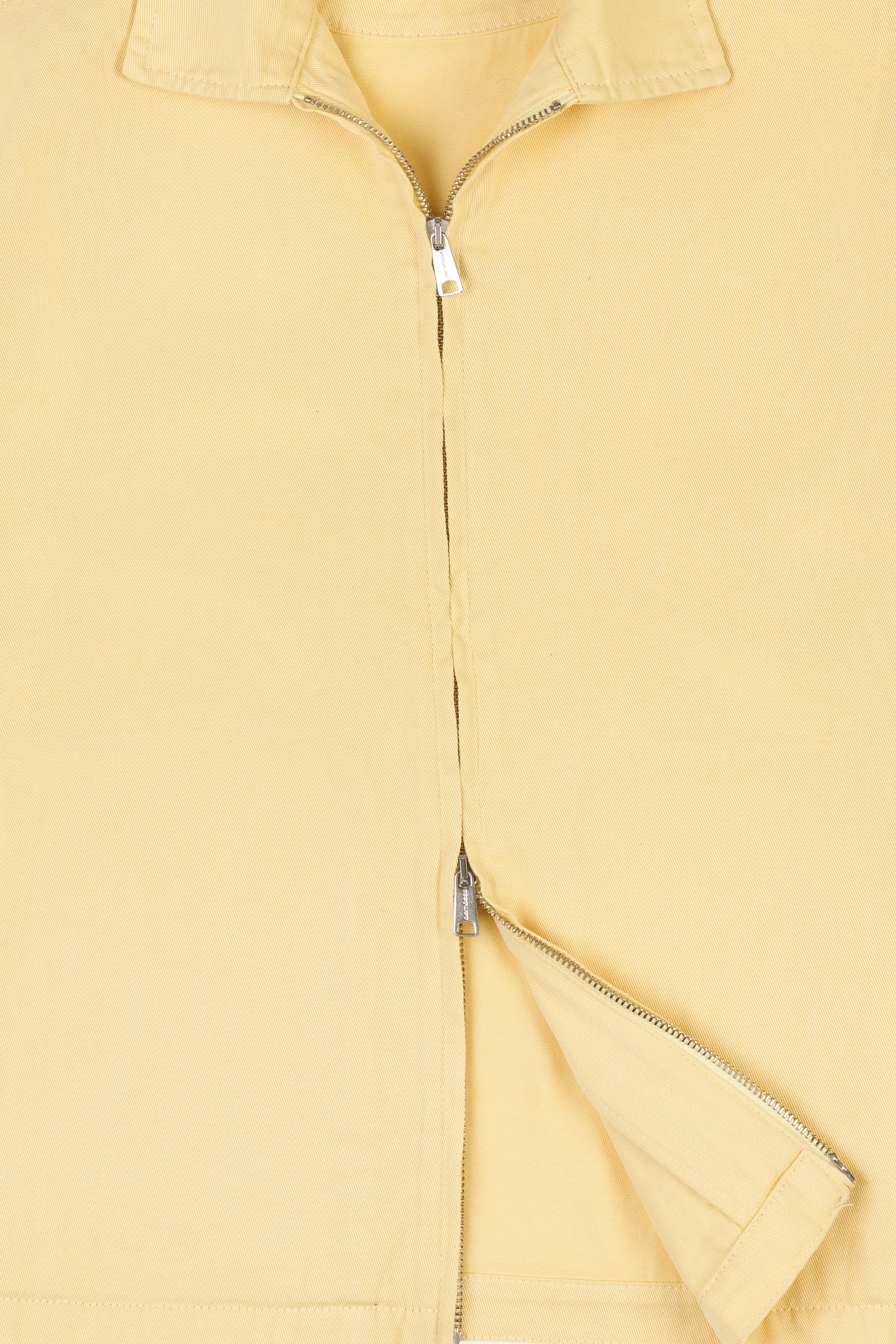 Close up of a yellow jacket with a double zipper