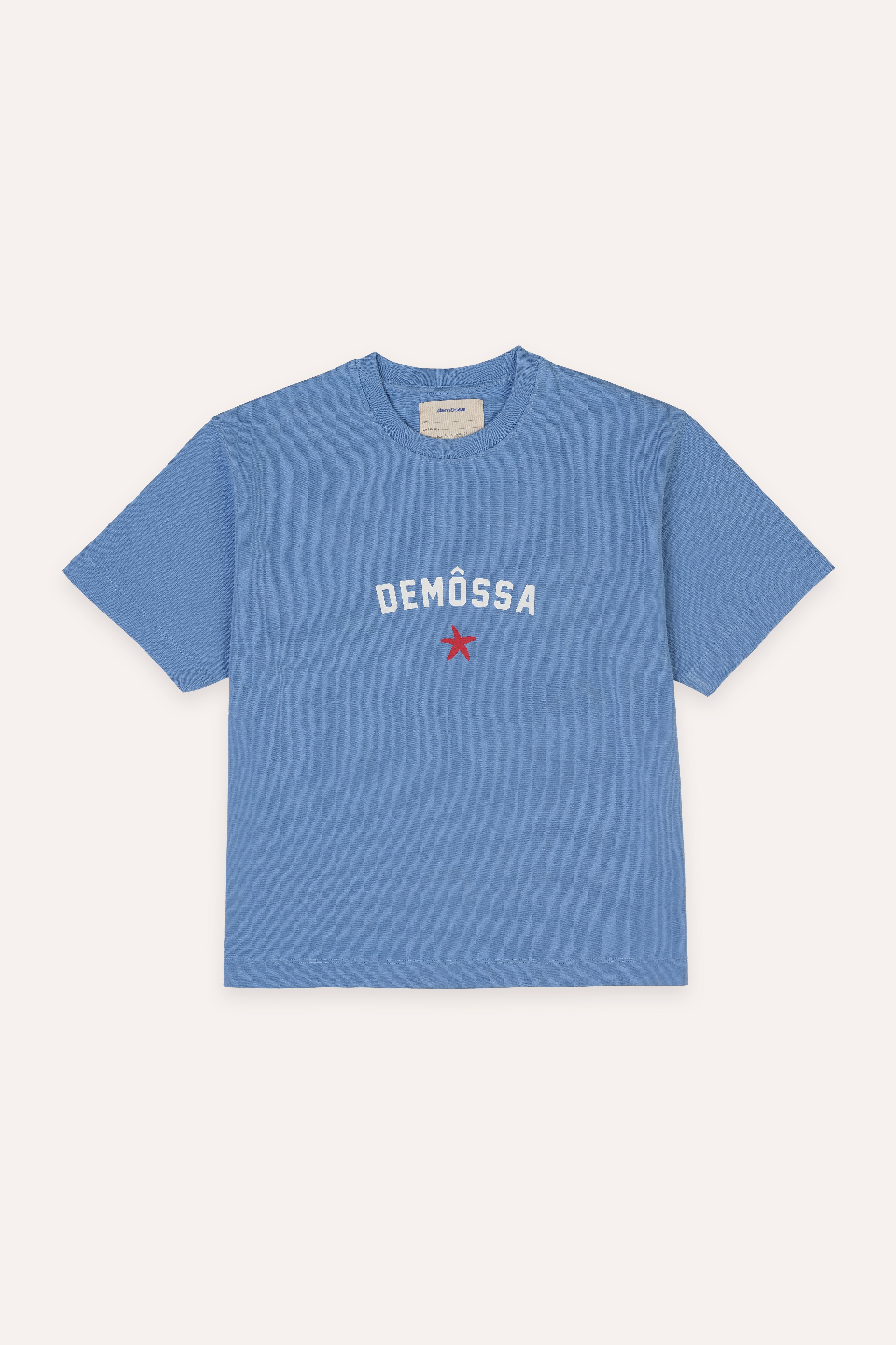 Blue t-shirt with 'DEMOSSA' logo on a white background