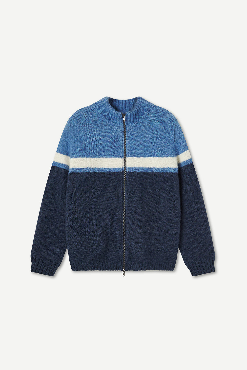Blue and navy zip-up sweater with white stripe on a light gray background