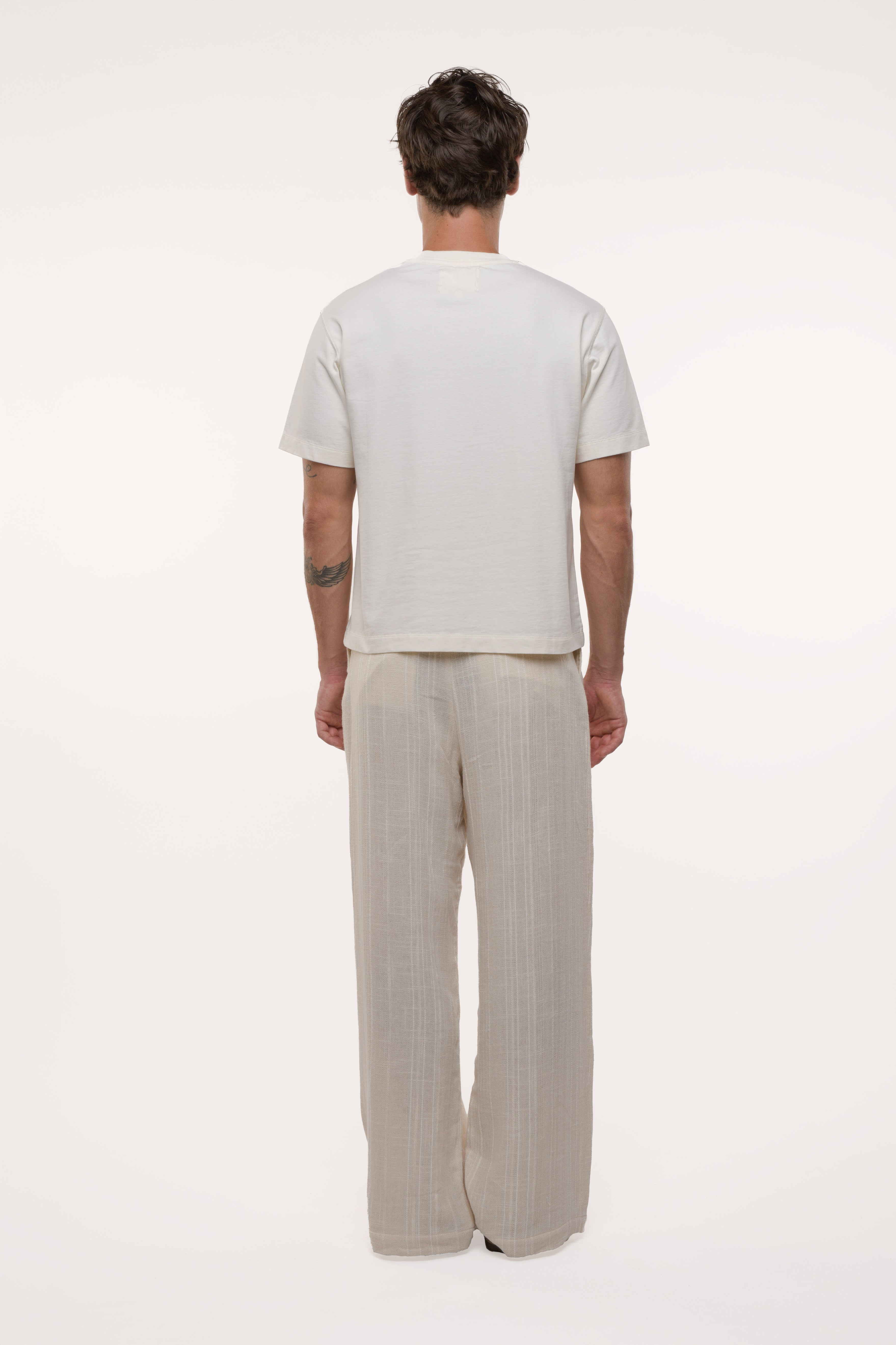 Back view of man wearing a plain white t-shirt and beige pleated pants on a white background