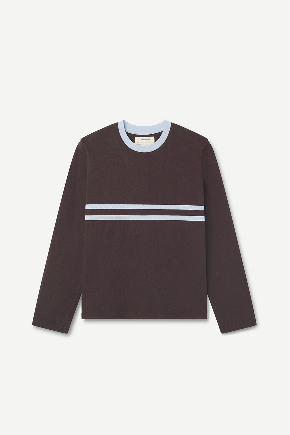 Dark brown long-sleeve shirt with blue stripes and blue collar rib on a light gray background