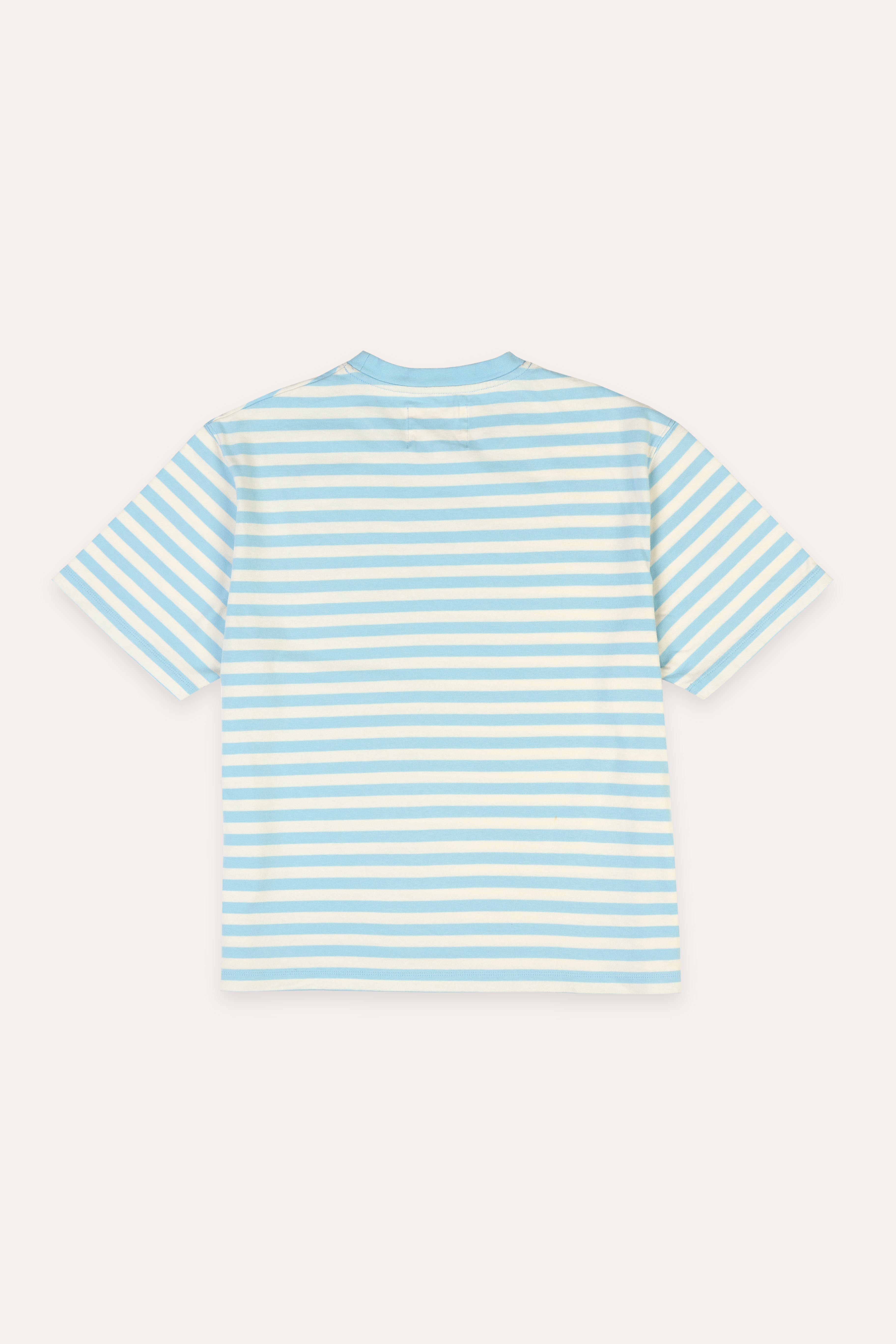 Back view of a light blue and white striped t-shirt on a white background