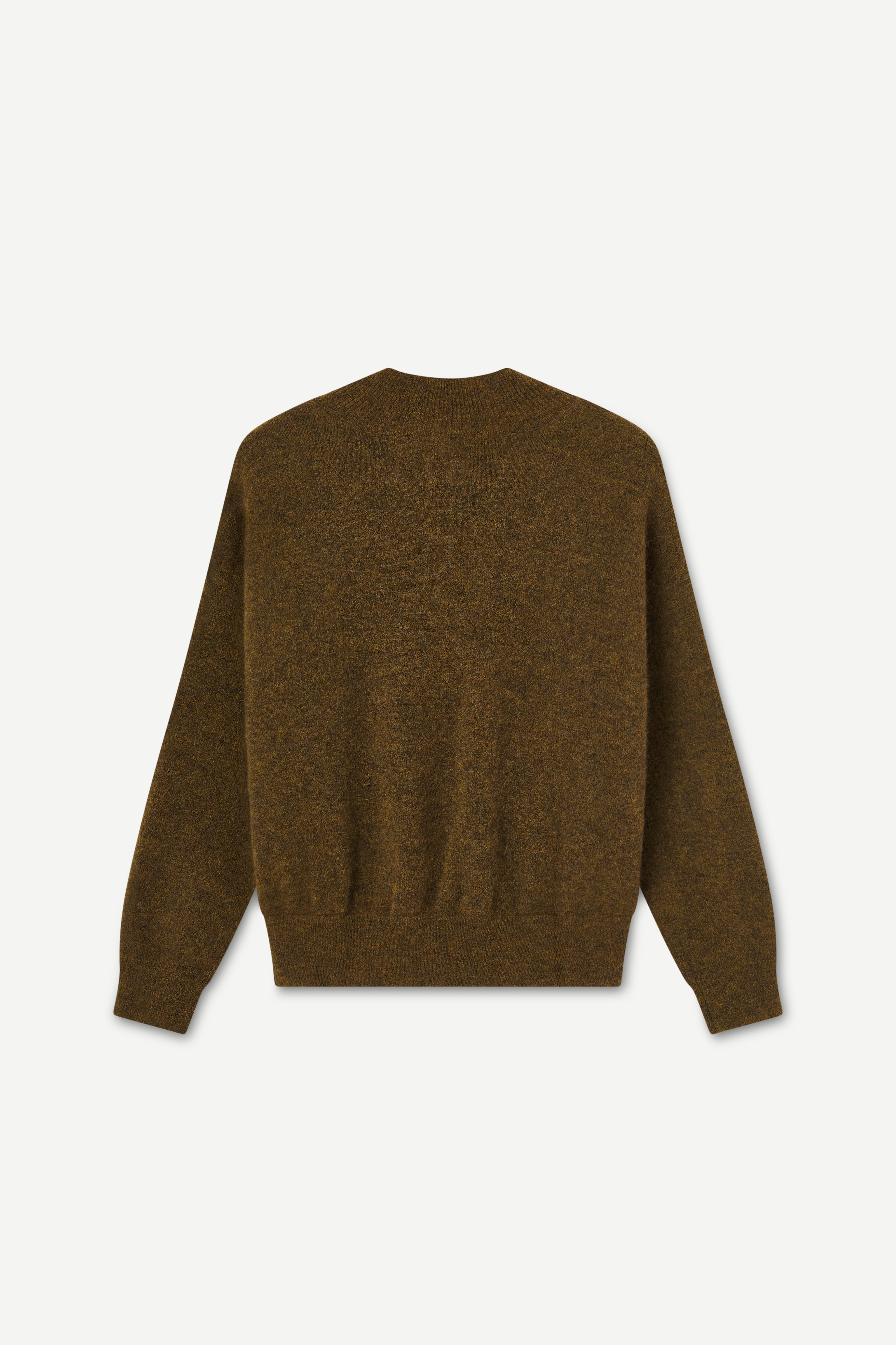 back view of an olive sweater on a white background