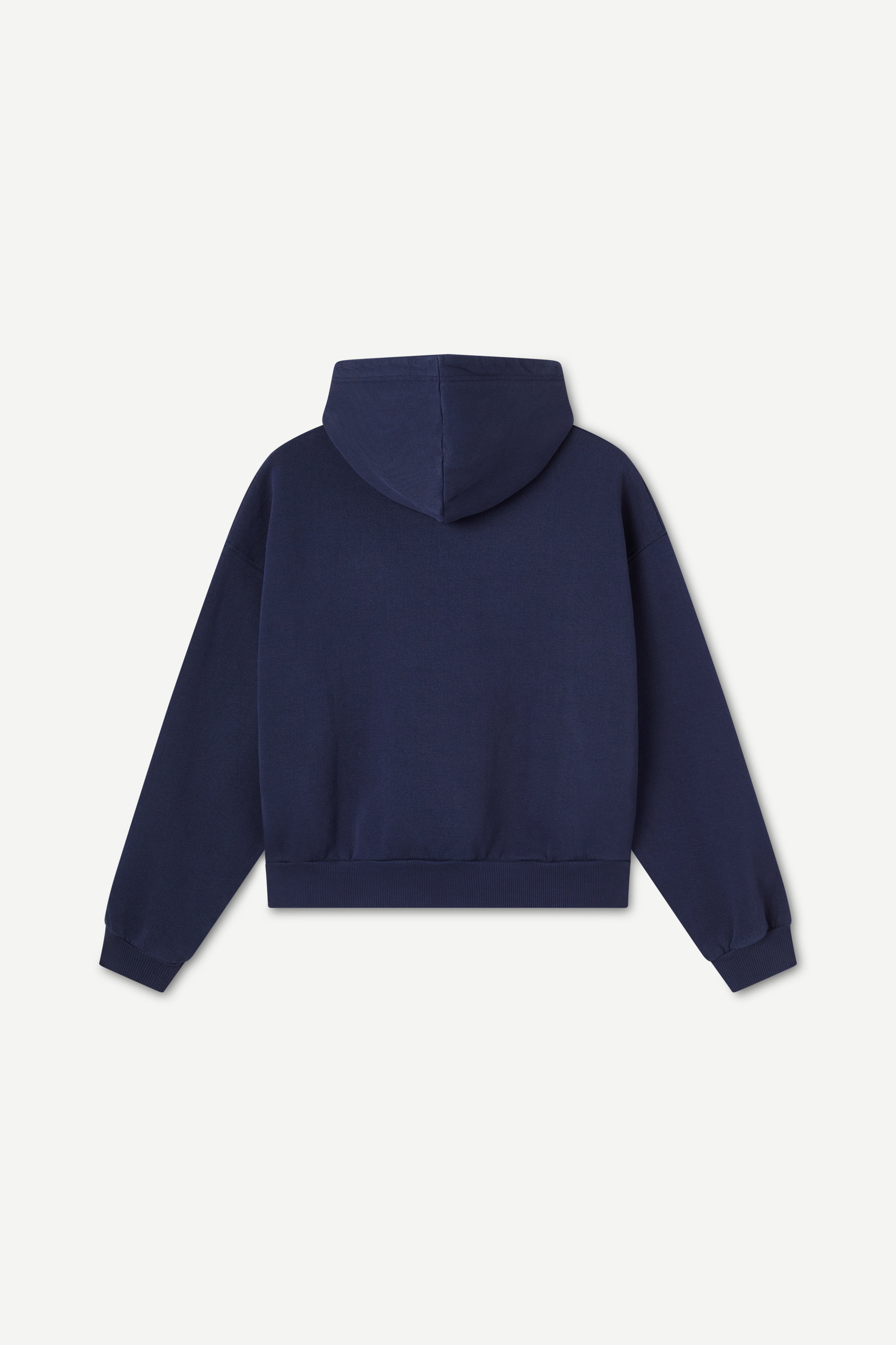 back view of a navy hoodie