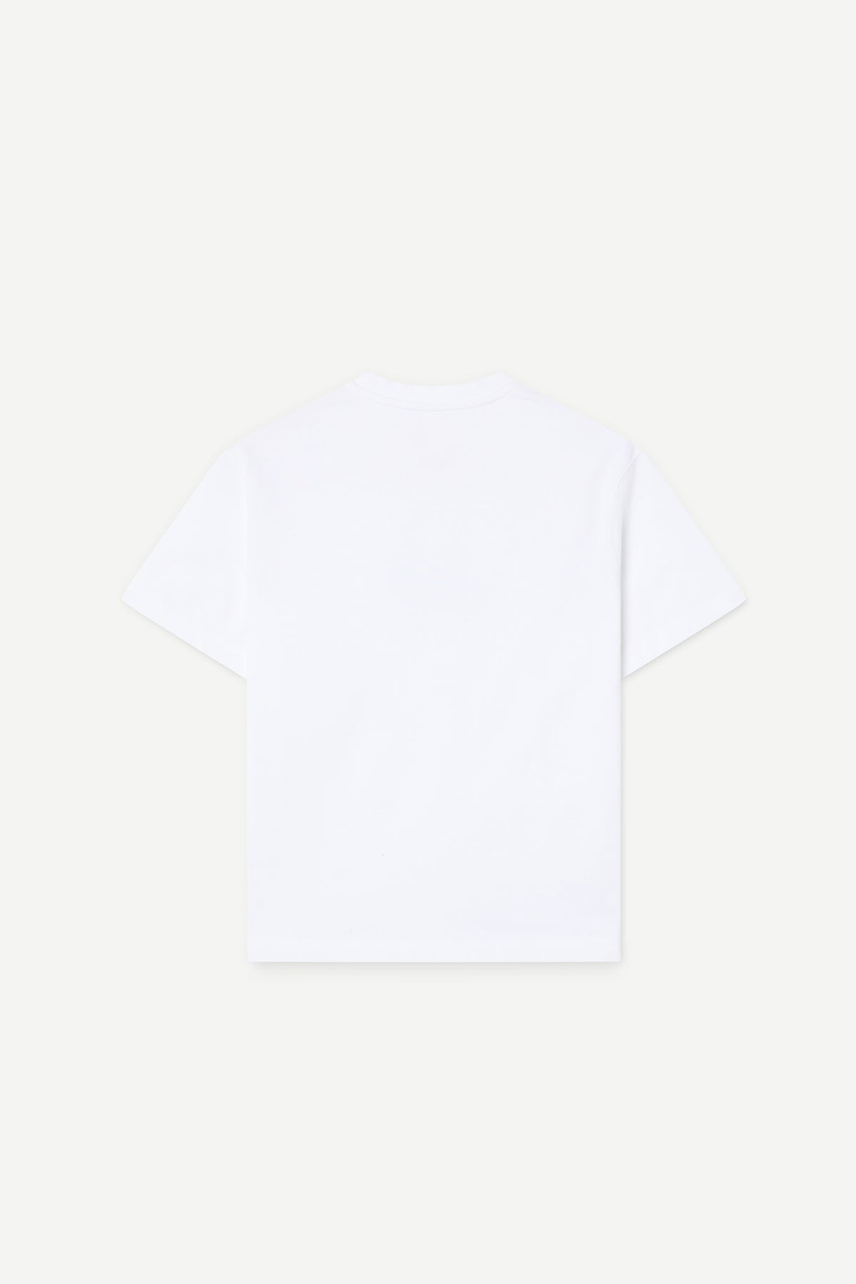 A plain white short-sleeve t-shirt shown from the back, centered on a very light off-white background.