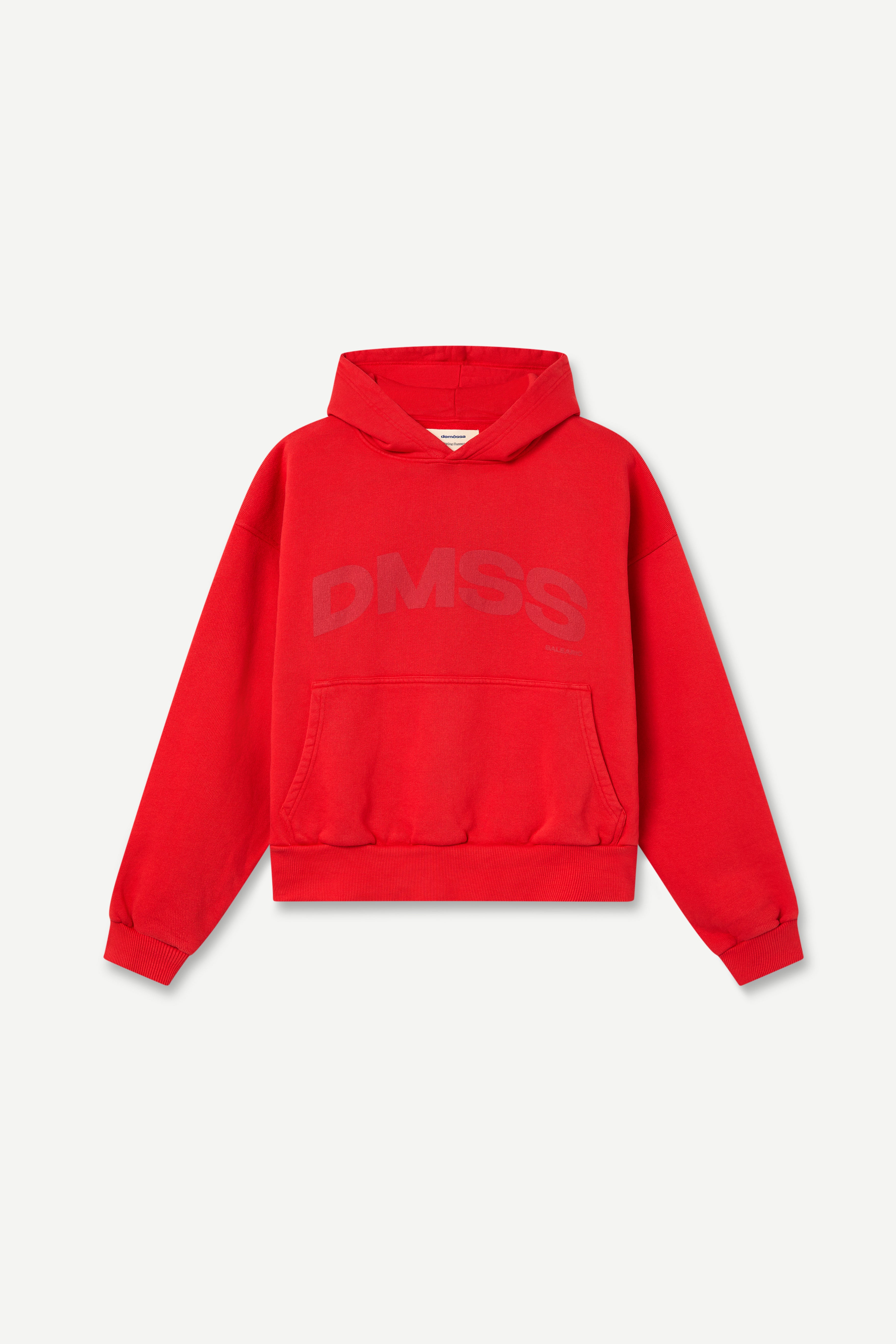front view of a dark red hoodie with large DMSS logo in a subtle tone