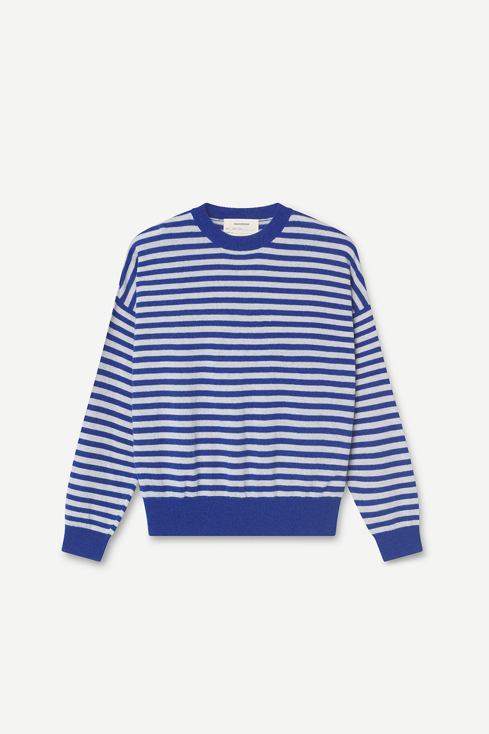 Blue and light gray striped sweater on a light gray background