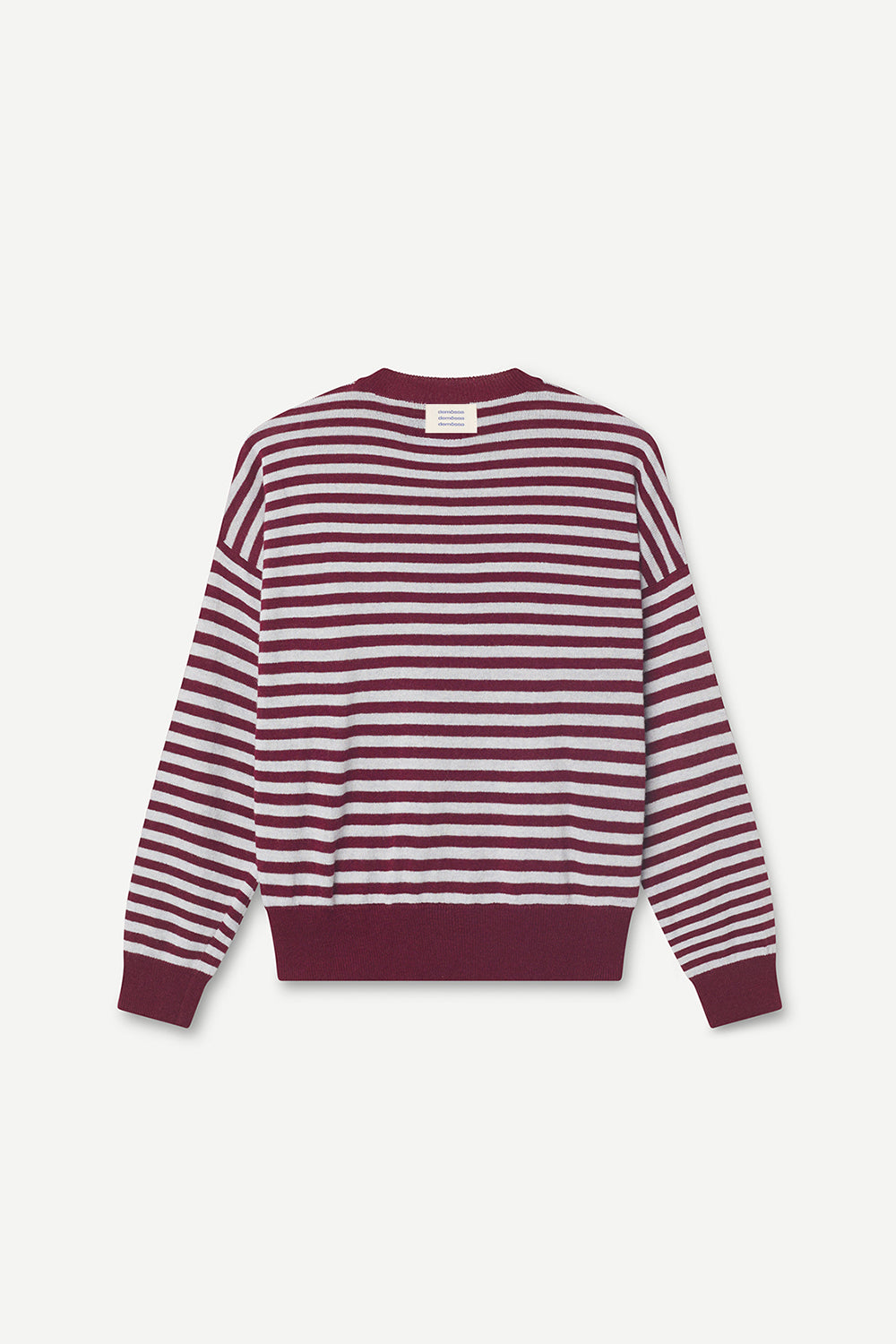 Back view of a burgundy and light gray striped sweater on a light gray background