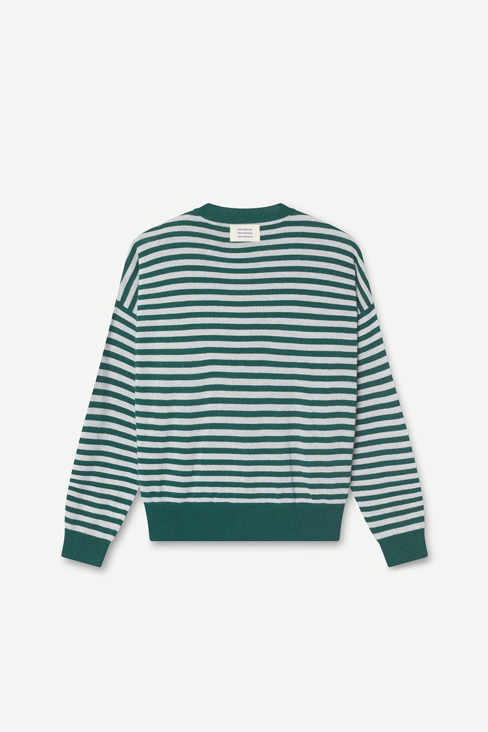 Back view of a green and light gray striped sweater on a light gray background