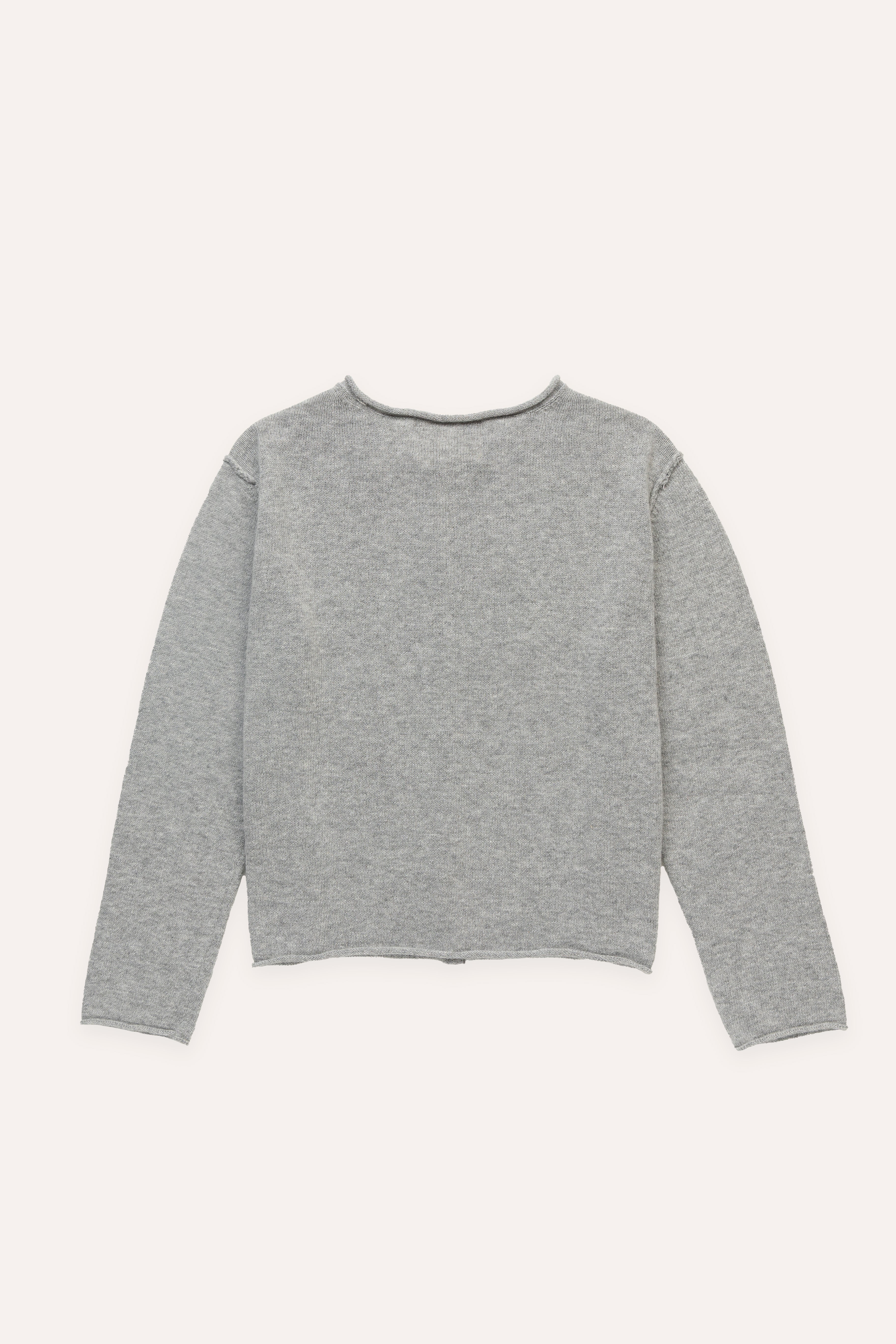 Flat lay back view of grey cardigan with clean look and unfinished hems