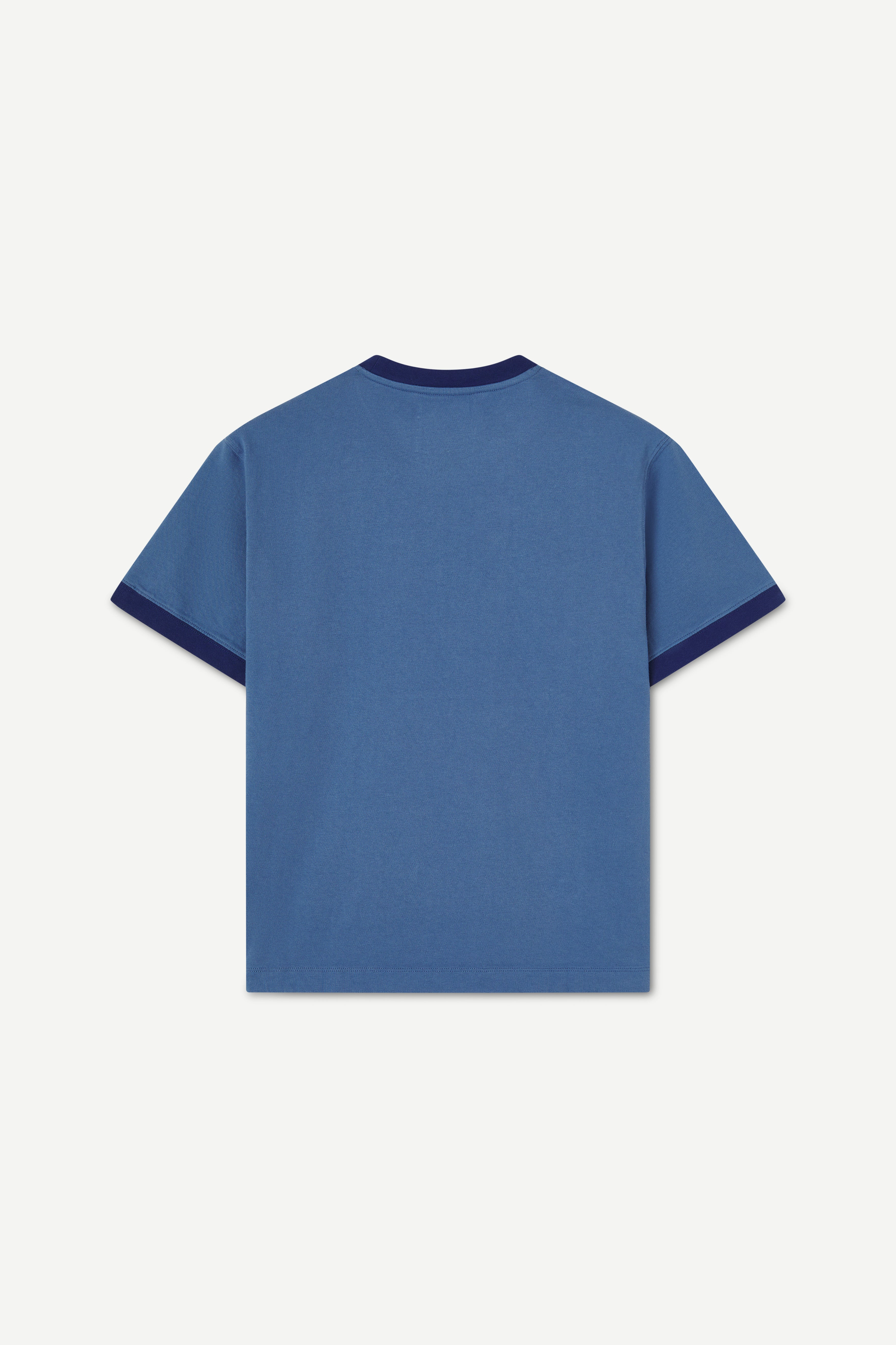 back view of a navy t-shirt with contrast collar and arm rib