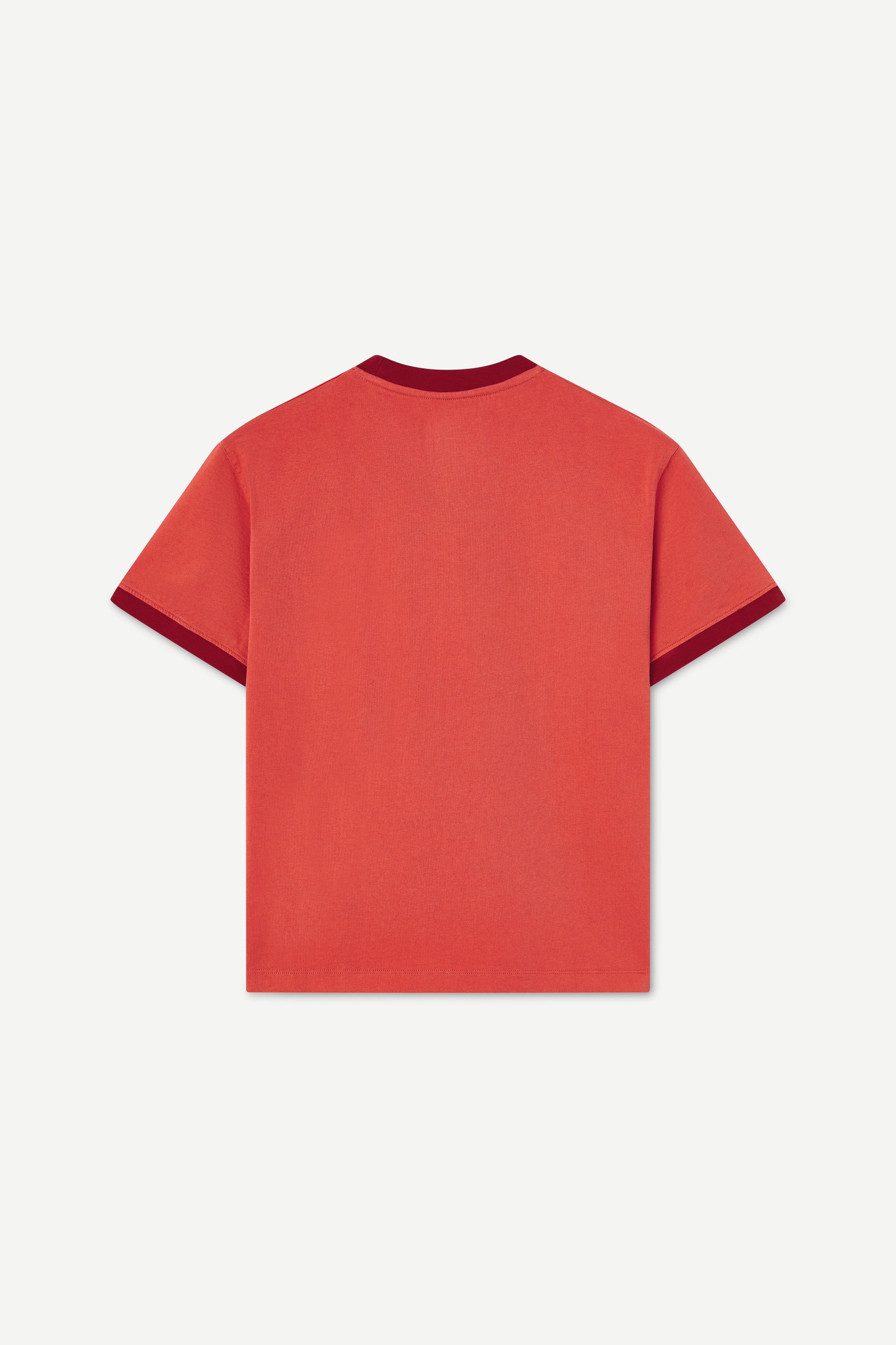 back view of a red t-shirt with contrast collar and arm rib