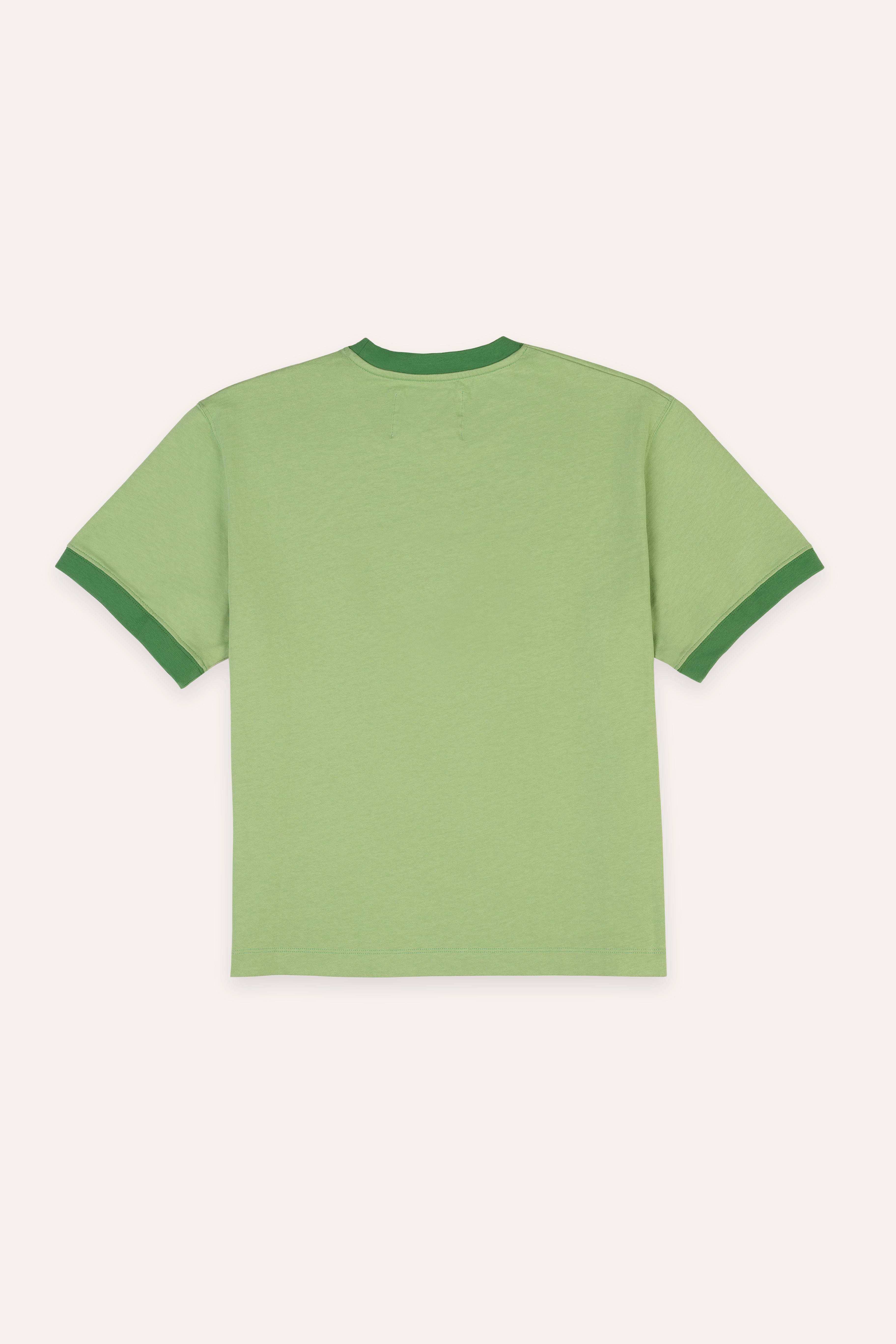 Green t-shirt with contrast ribs on a white background