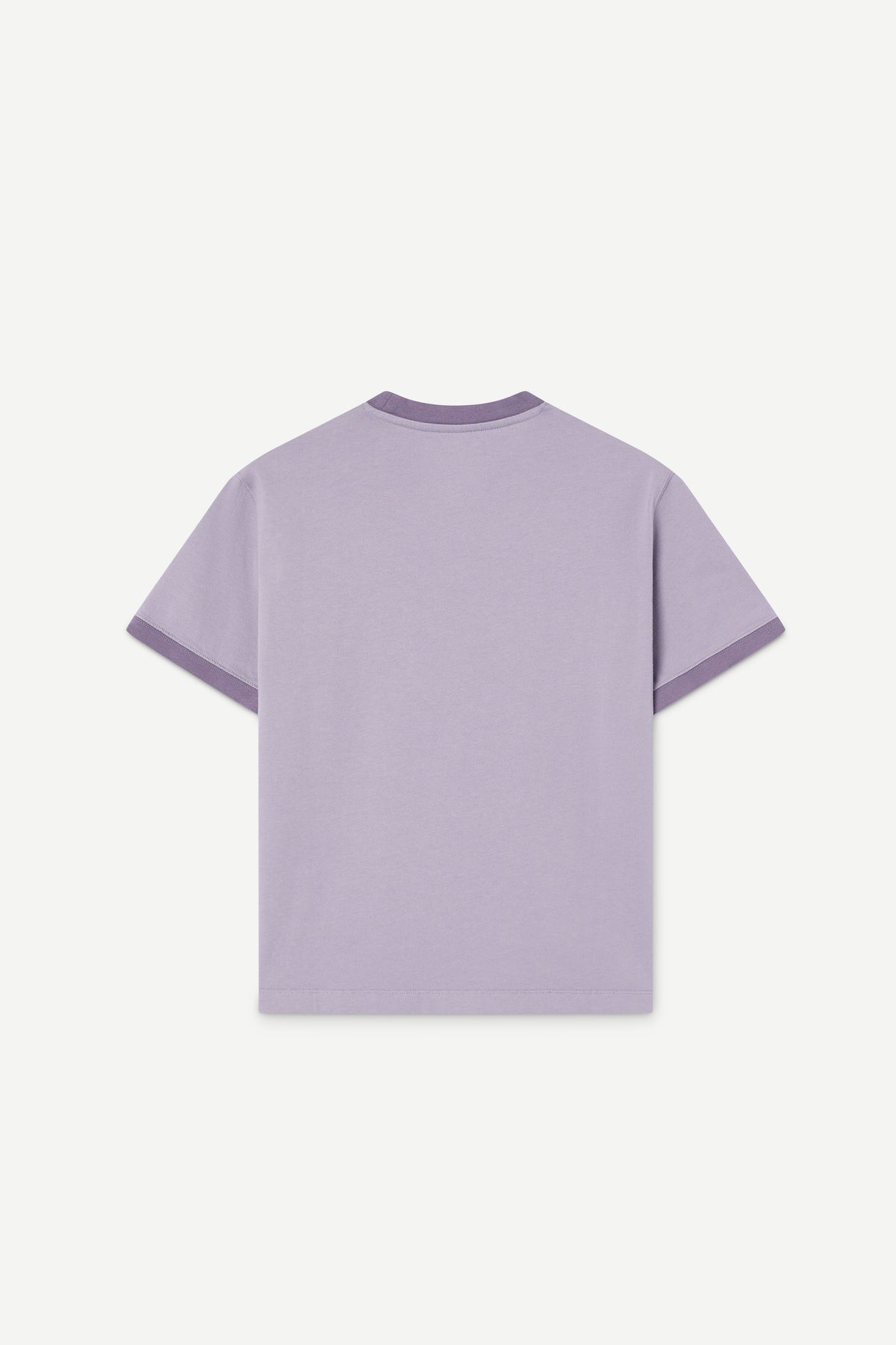 A light purple short-sleeve t-shirt shown from the back, featuring subtle darker purple trim on the collar and sleeve cuffs, set against a plain off-white background.
