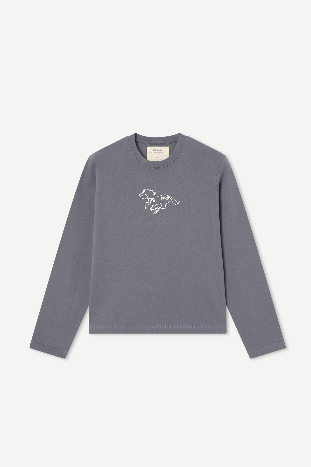 A long-sleeve crewneck sweatshirt in slate gray with a small white embroidered horse logo on the left chest, displayed flat against a light gray background.