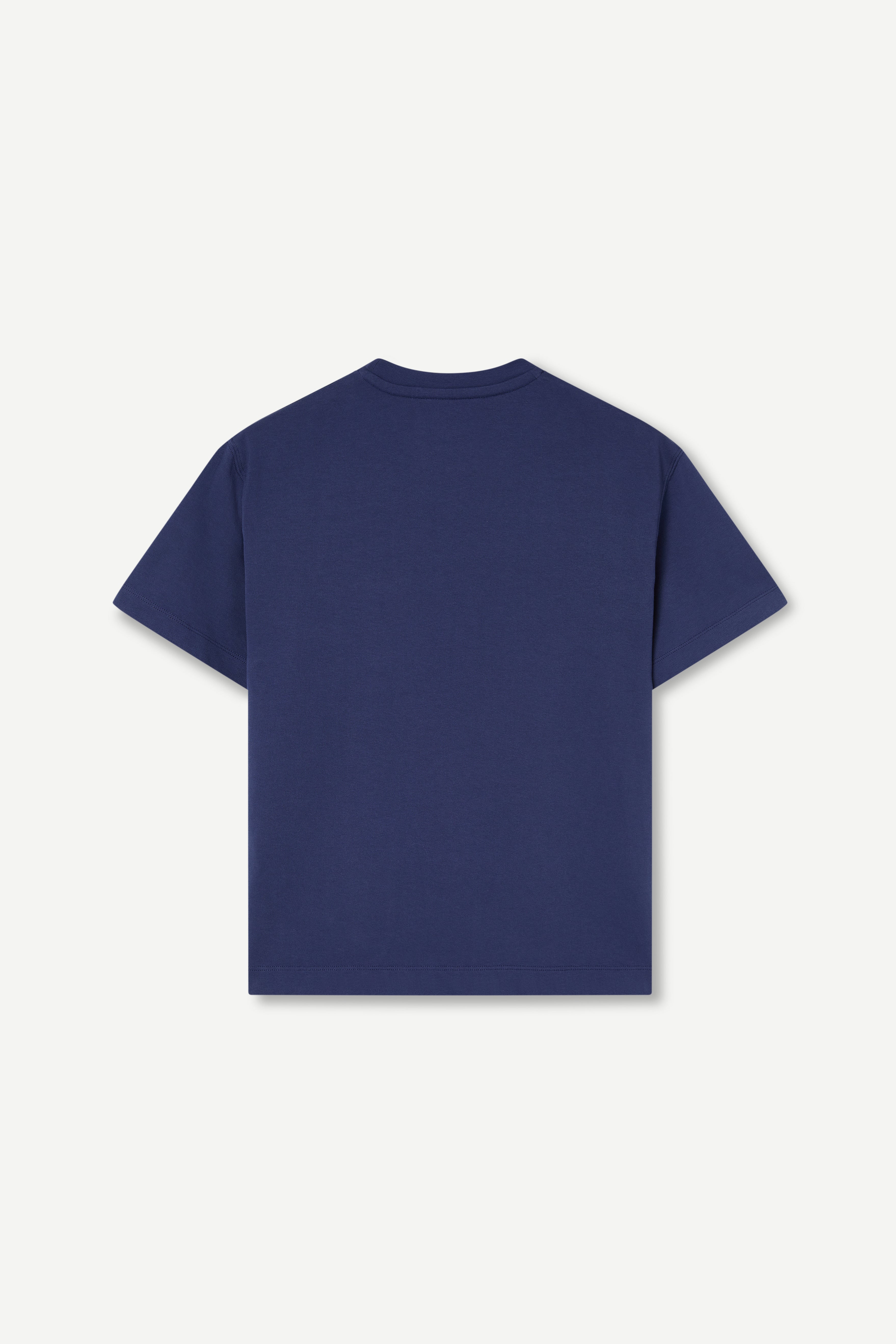 Navy blue t-shirt with on a light gray background
