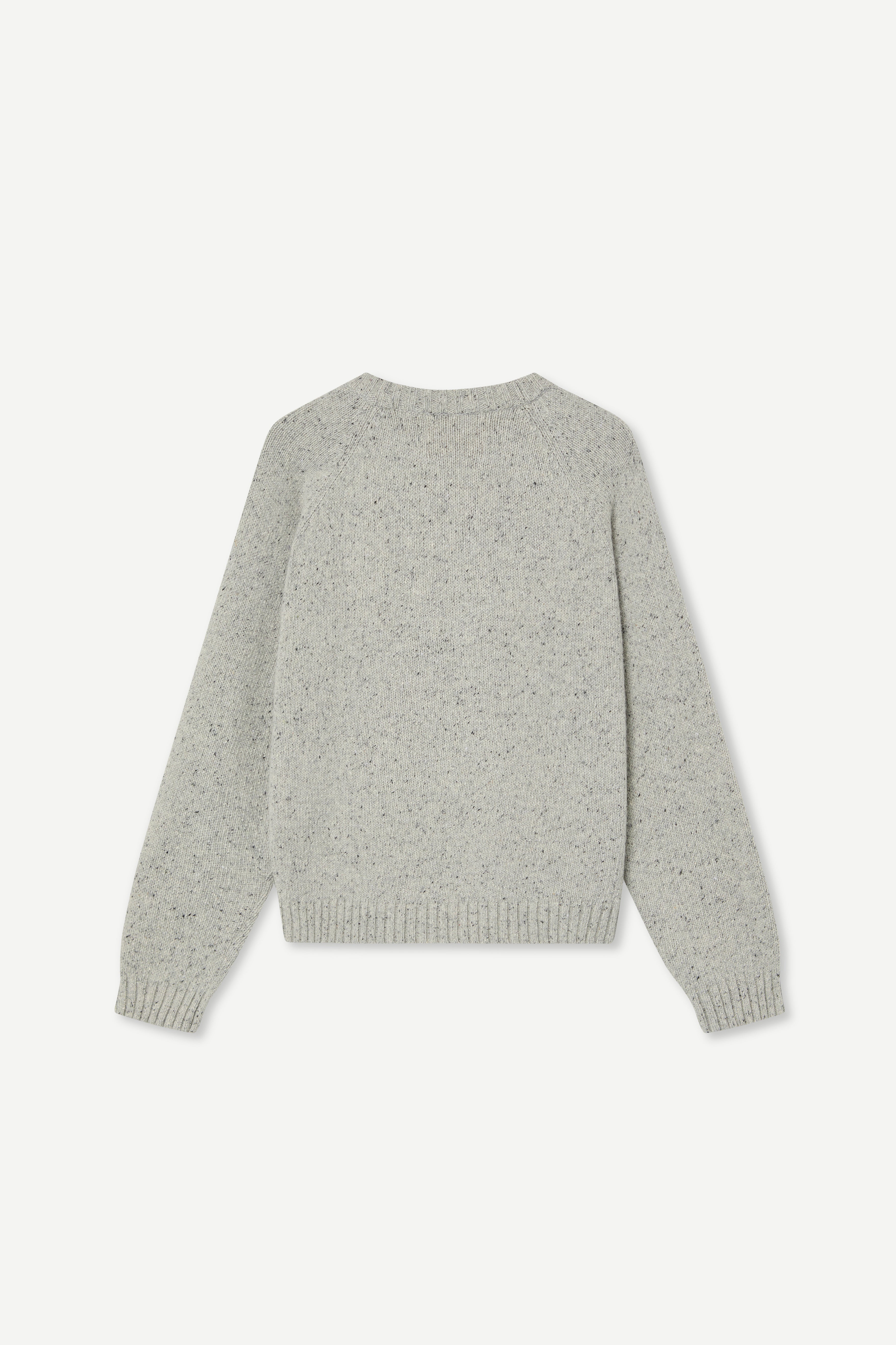 back view of a grey sweater made from a soft blend of wool and silk