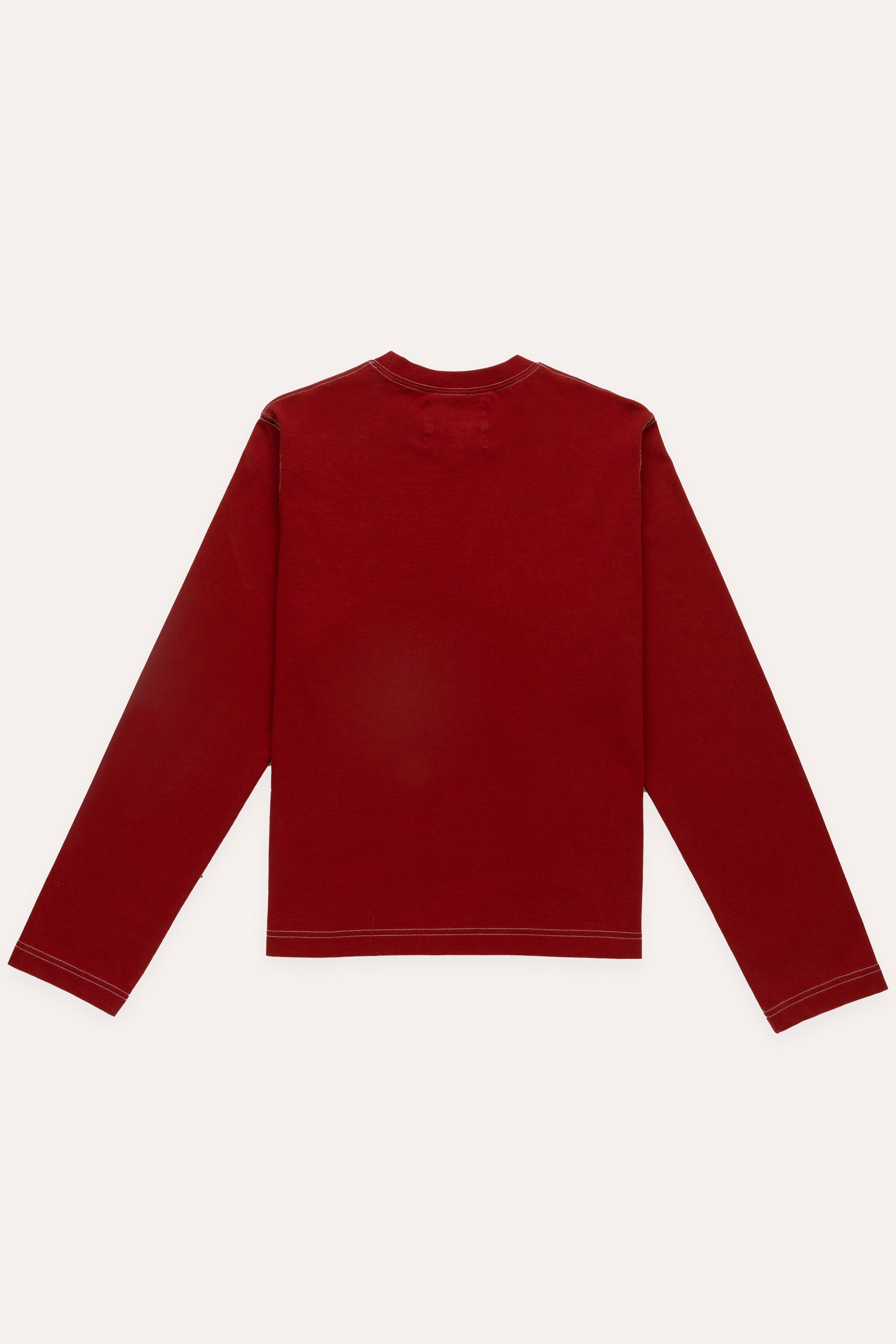 Flat lay back view of red long-sleeve T-shirt with clean red back and visible white seam detailing on arms
