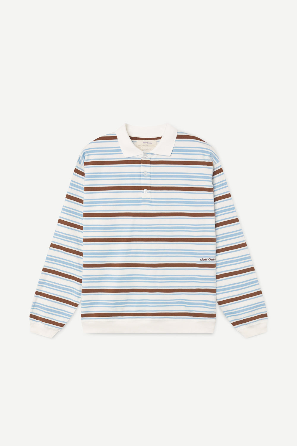 Striped longlseeve polo with brown and blue stripes on a white background