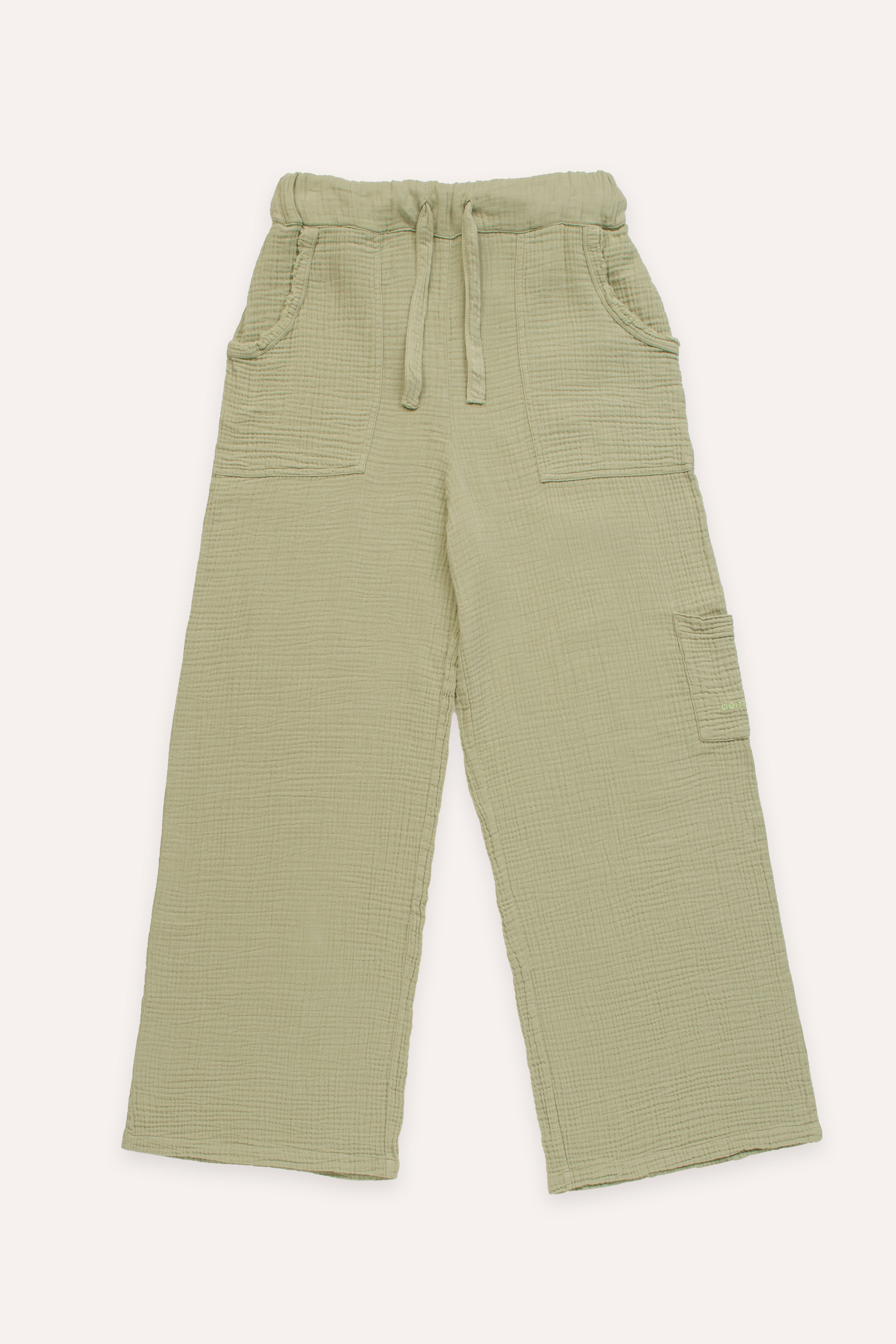Green ribbed cotton pants on a white background