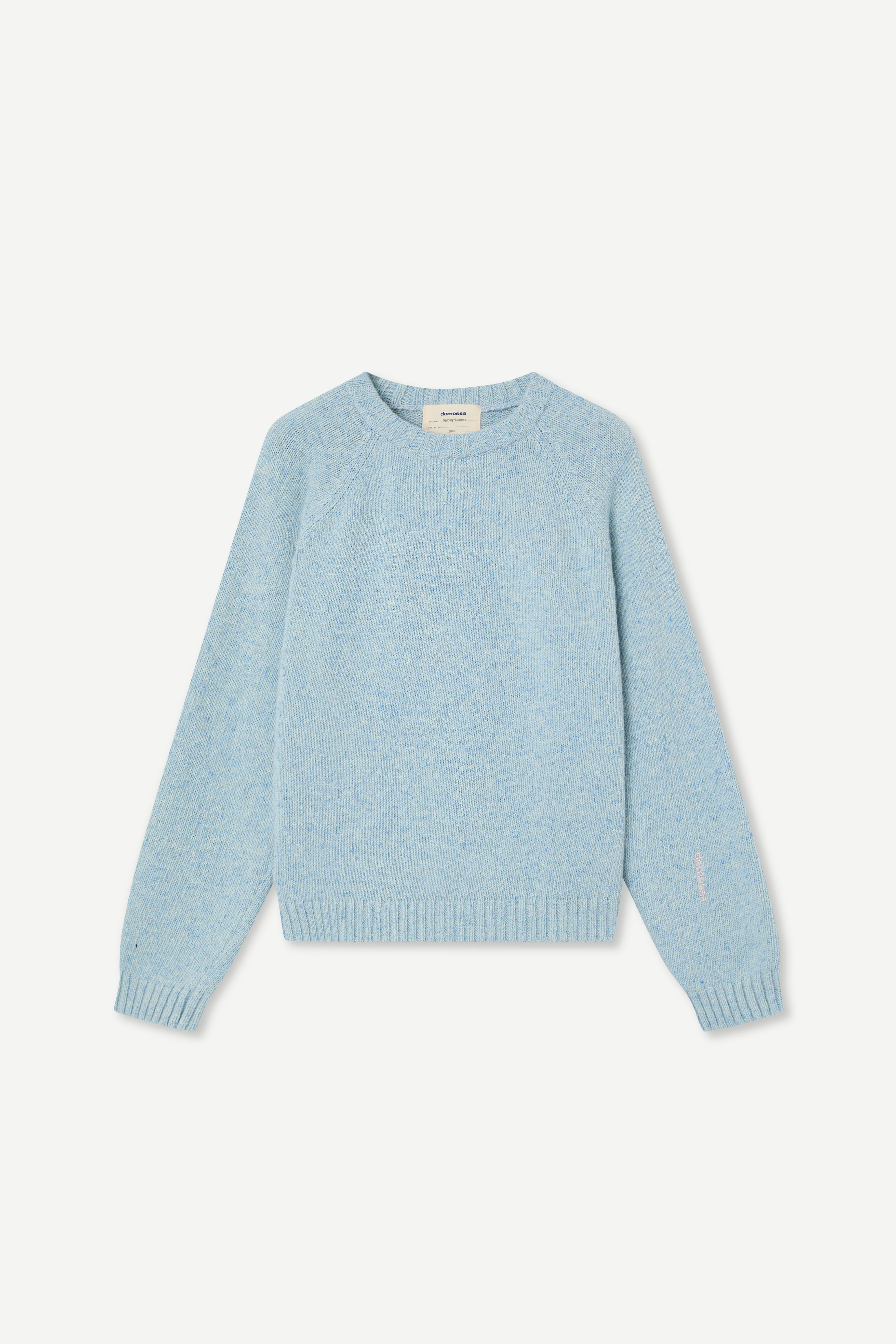 front view of a grey sweater made from a soft blend of wool and silk