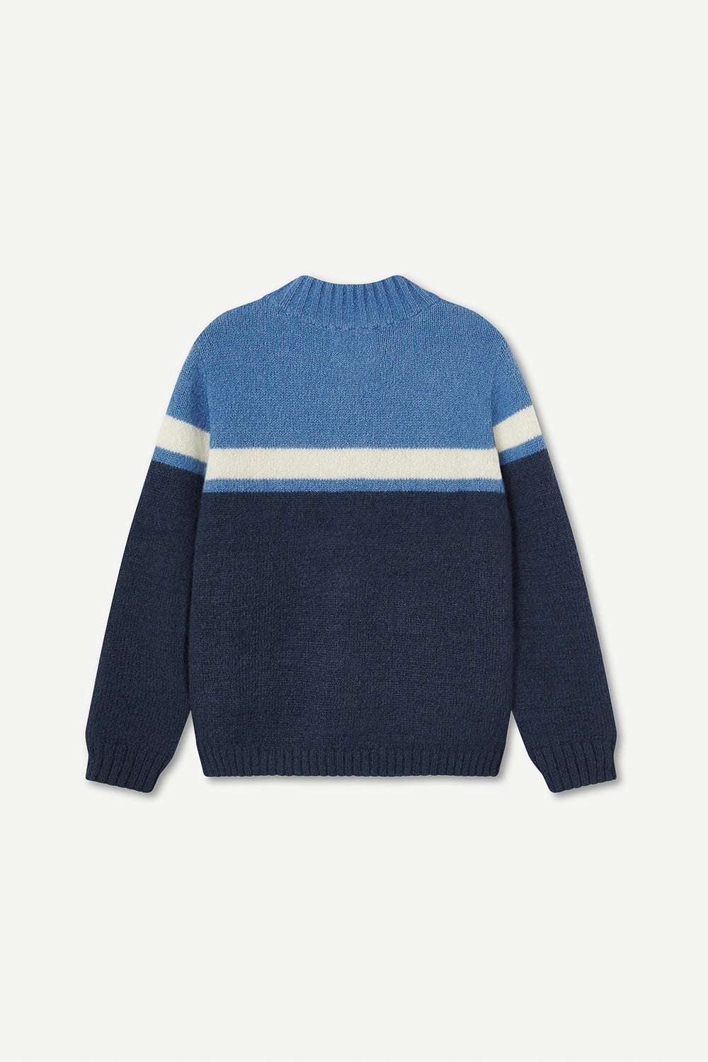 Blue sweater with white stripes on a light gray background