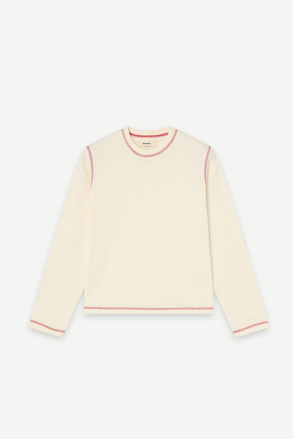 An off-white long-sleeve crewneck sweater with thin pink contrast stitching along the collar, cuffs, and hem, displayed flat against a light gray background.