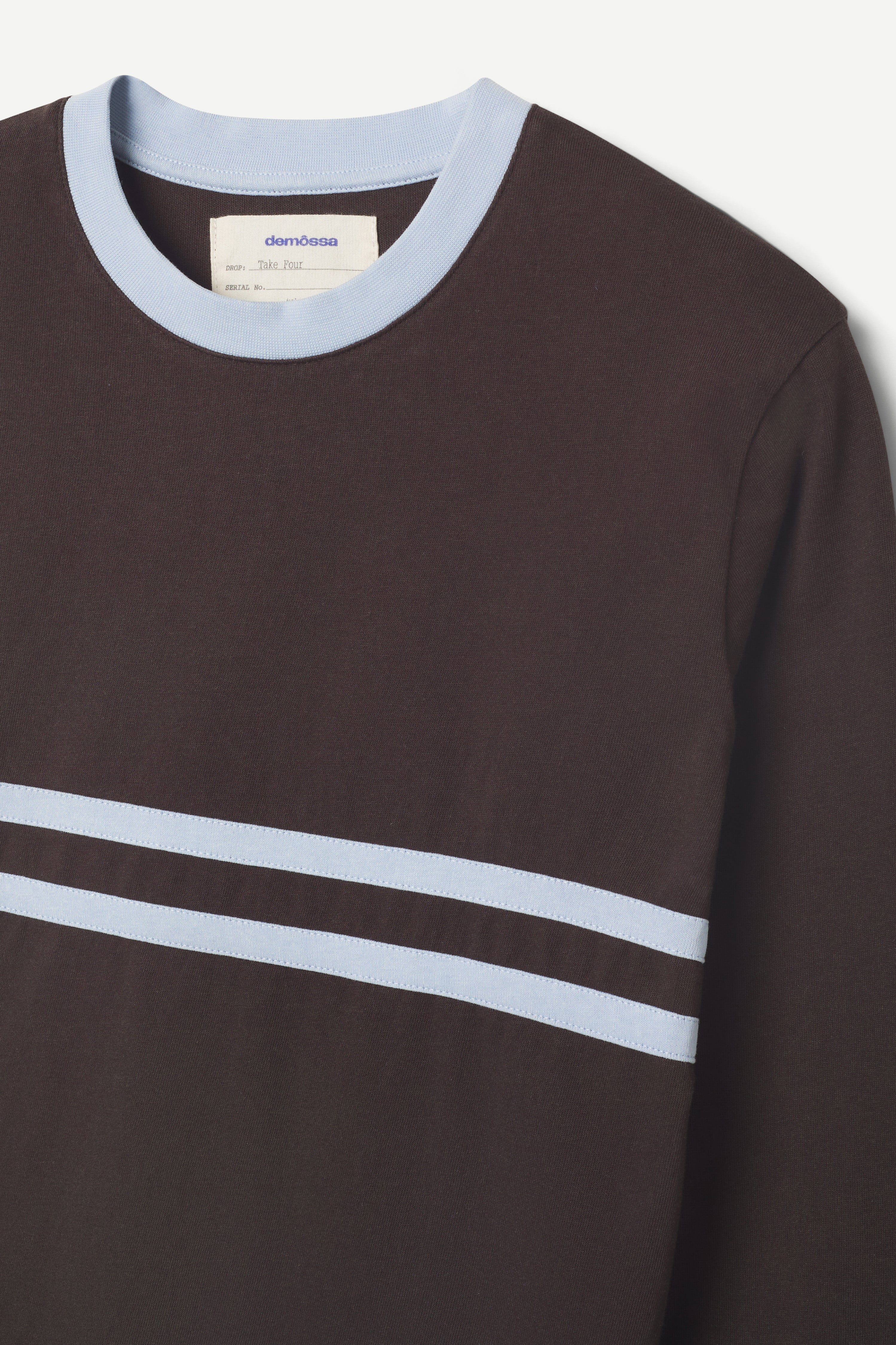 Brown sweatshirt with light blue stripes and collar rib on a white background