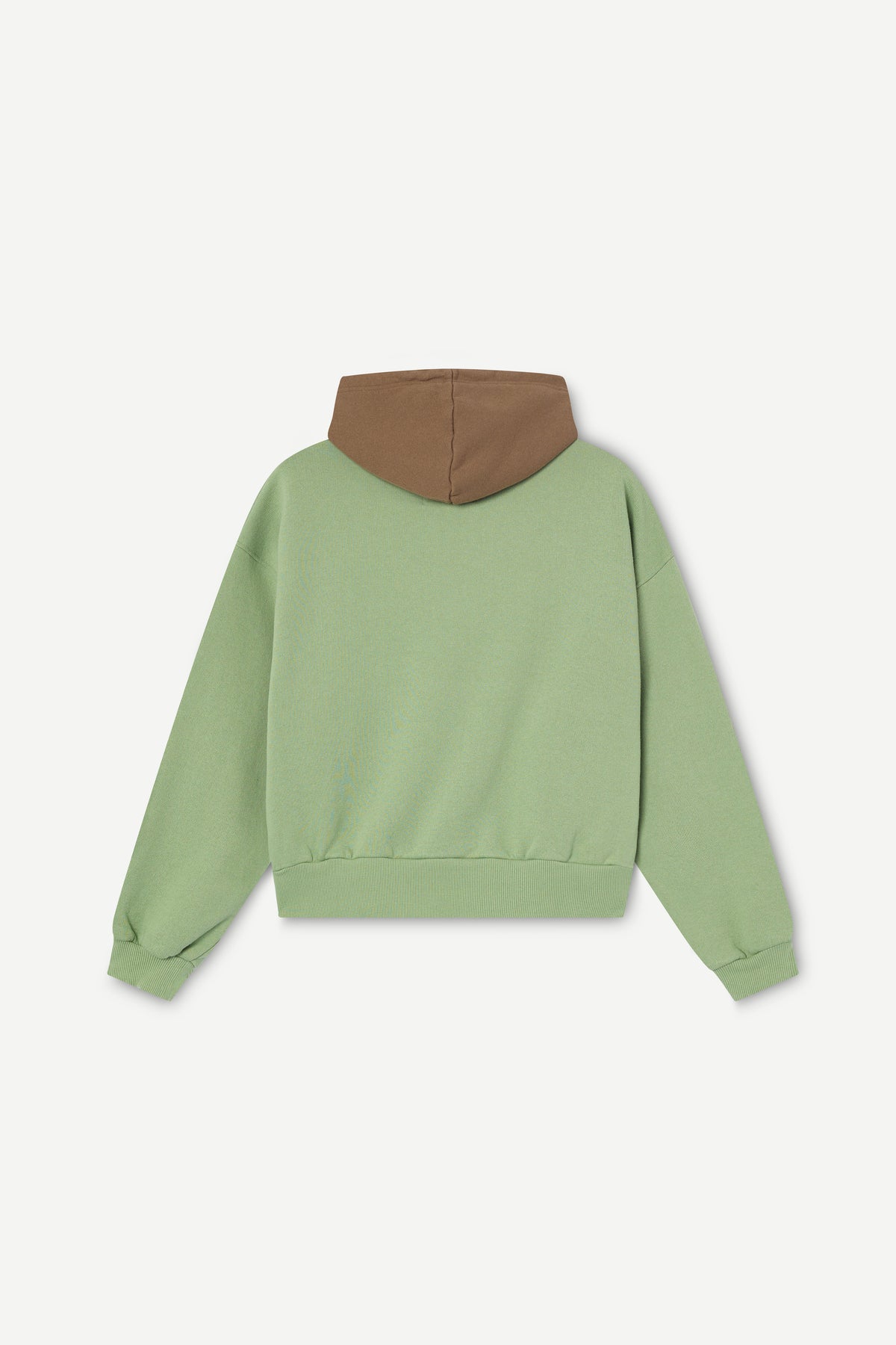 A sage green cropped hoodie shown from the back, featuring a contrasting brown hood, set against a plain light gray background.