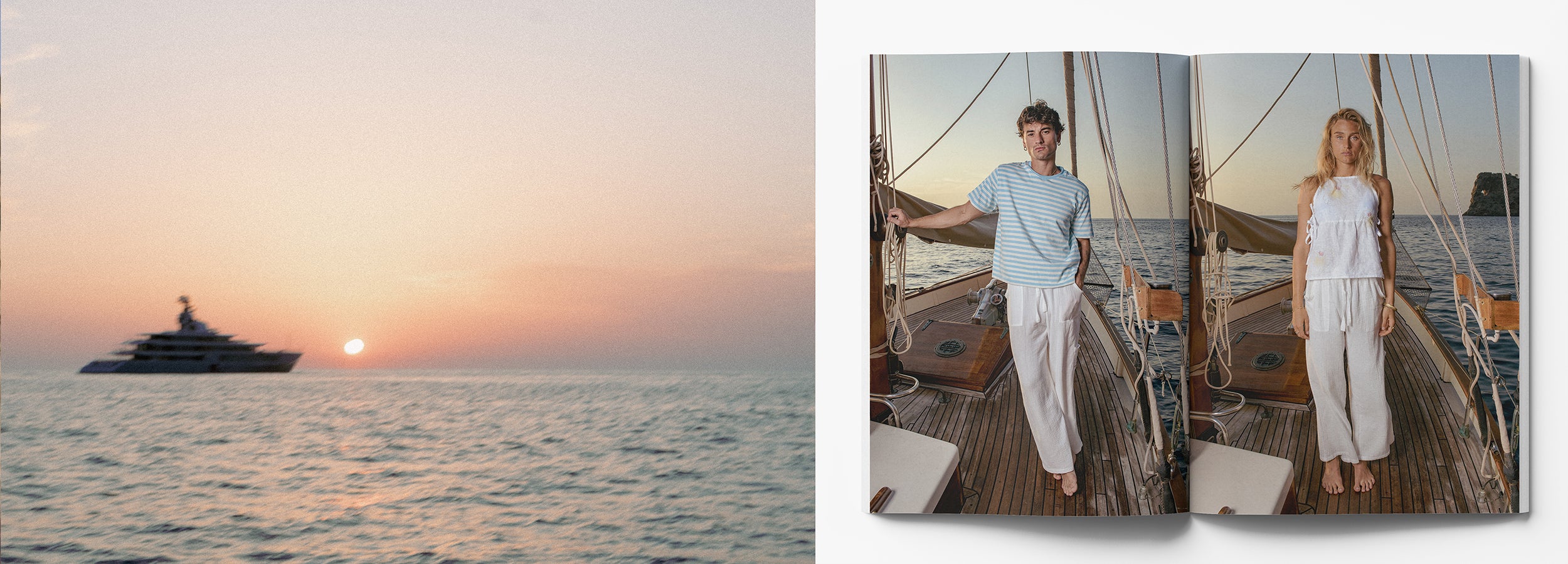 On the left, a sunset over the ocean with a yacht and on the right, an opened book with pictures of two people on a boat.