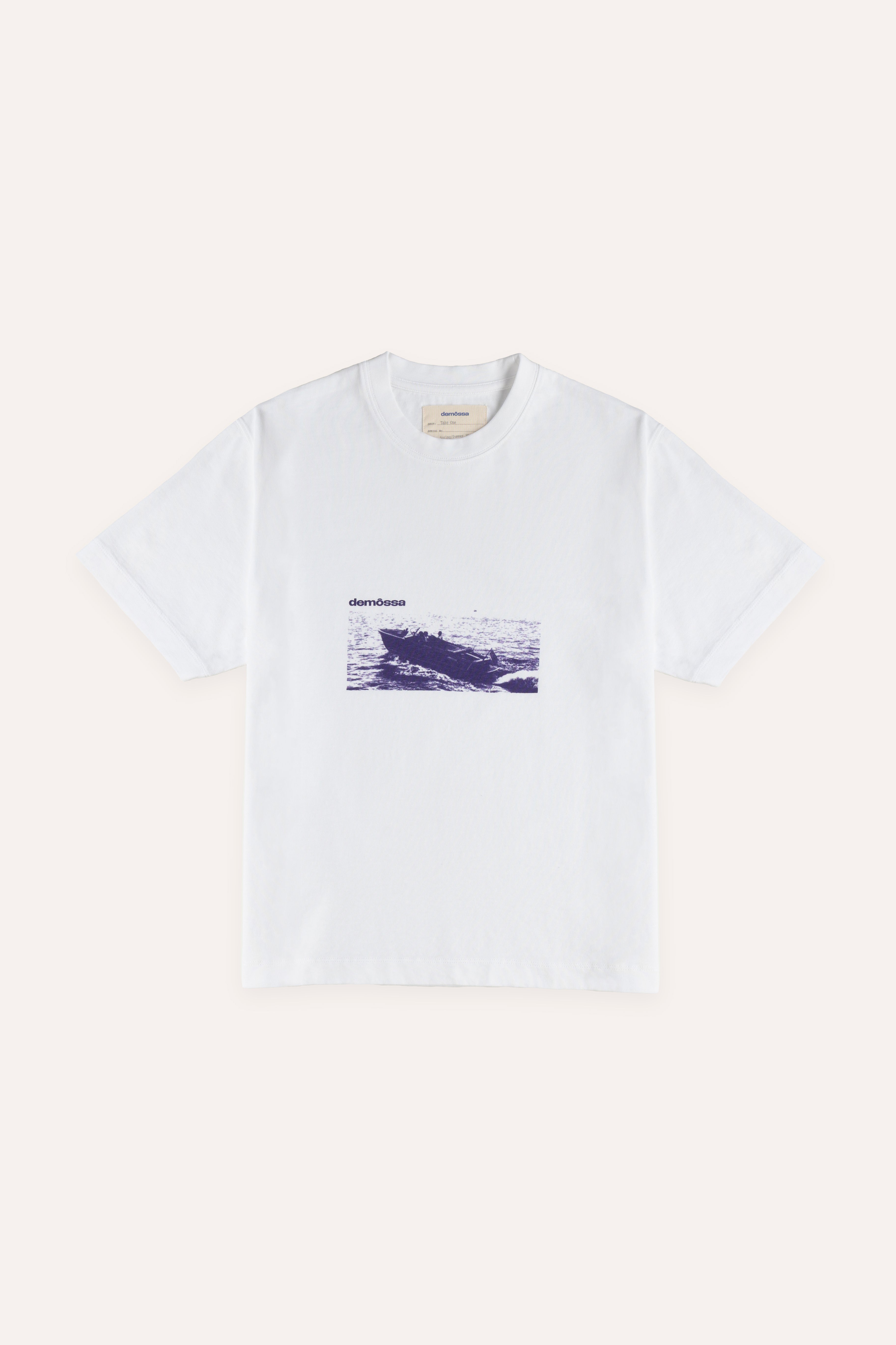 Front view of a white T-shirt with vintage speedboat print on the front and small Demossa logo