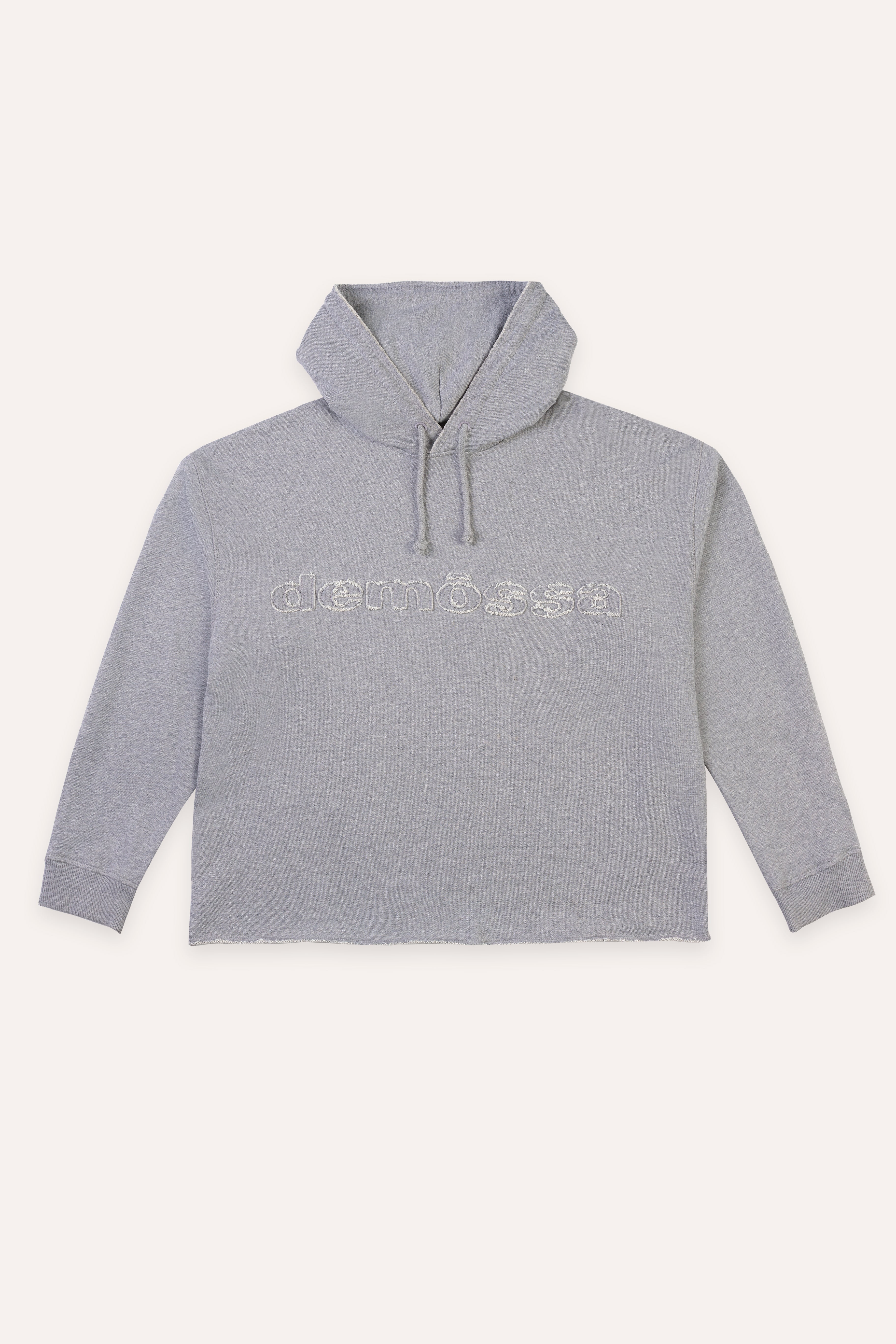 Gray hoodie with embroidered design on a white background
