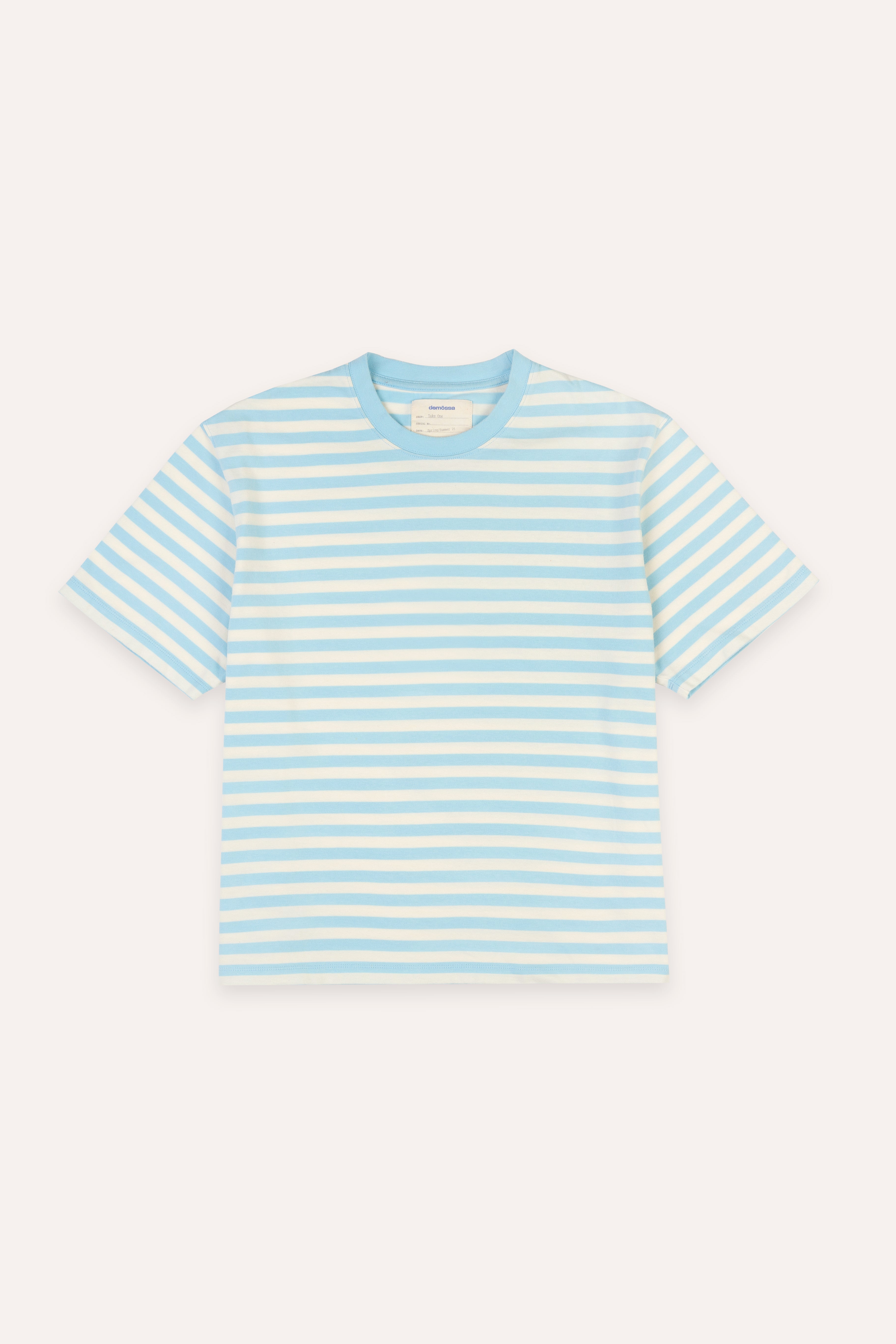Striped t-shirt with light blue and white stripes on a white background