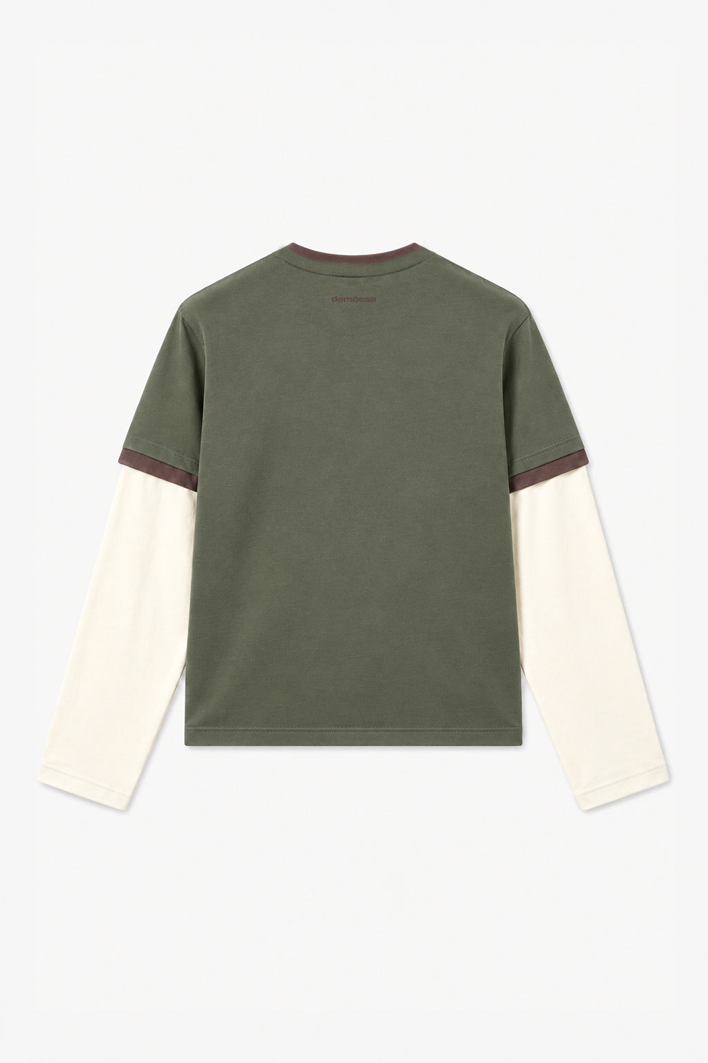 An olive green long-sleeve t-shirt with cream-colored sleeves and dark burgundy ribbed trim at the collar and cuffs, shown from the back on a light off-white background.