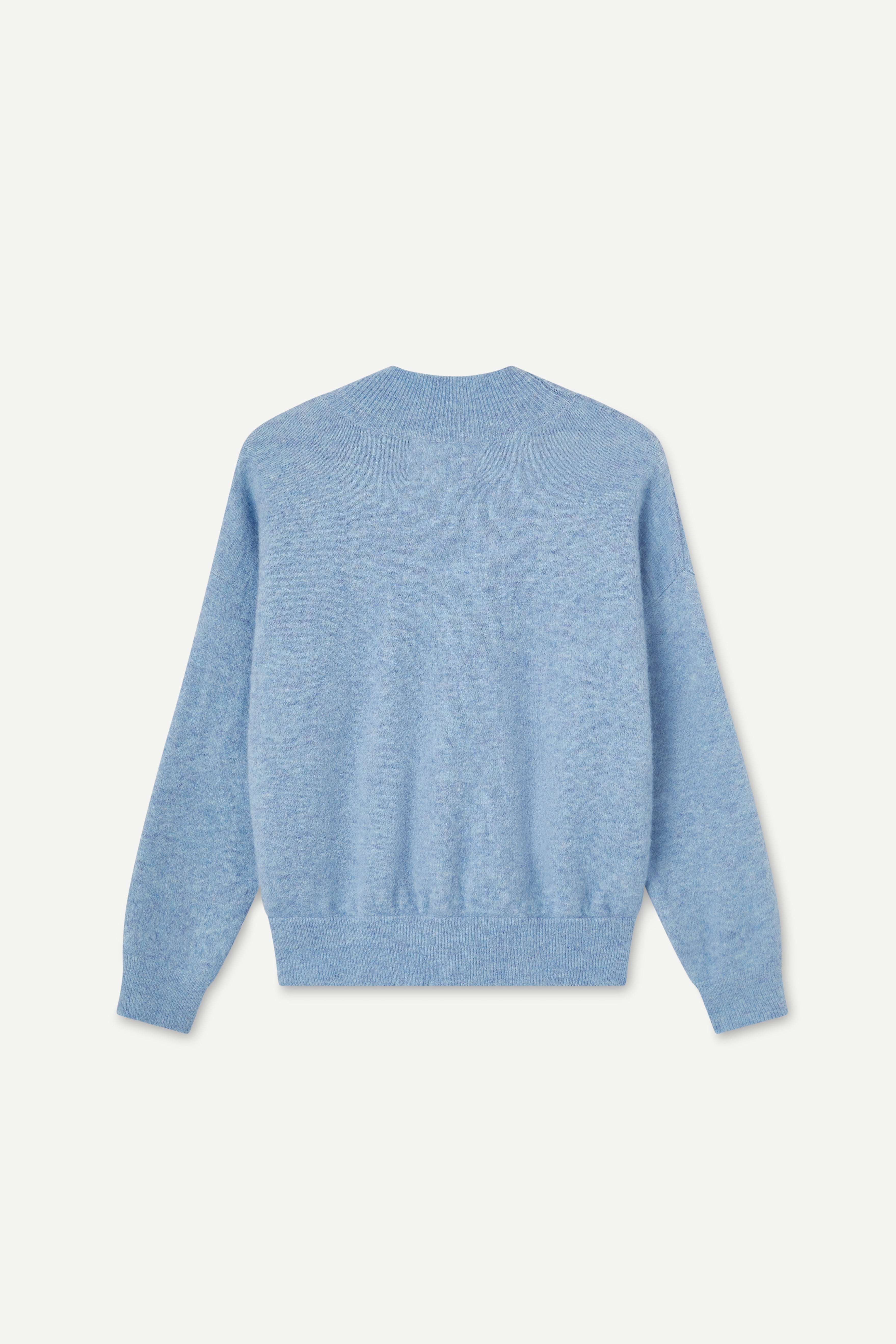 back view of a blue sweater on a light gray background