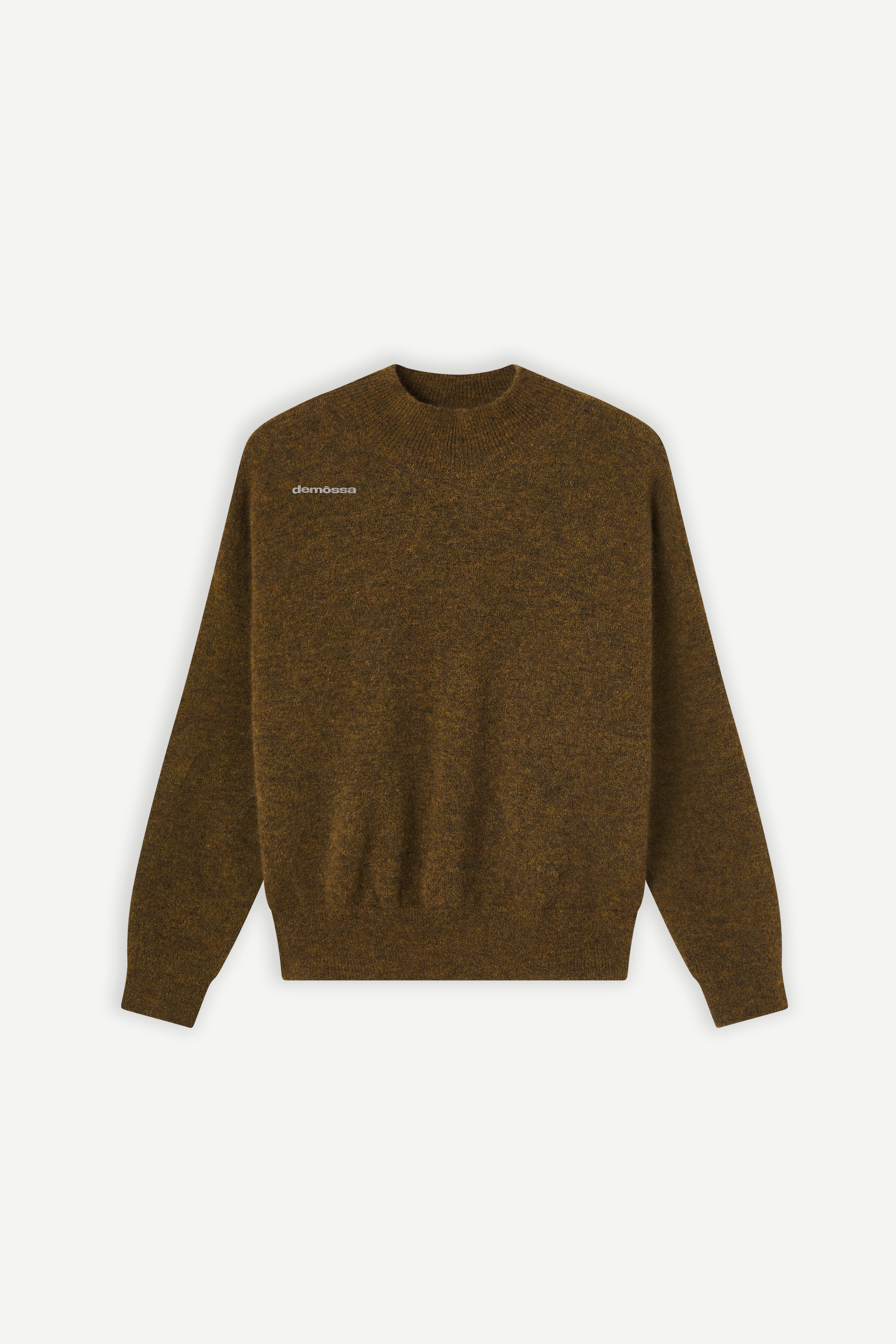 front view of olive sweater on a white background