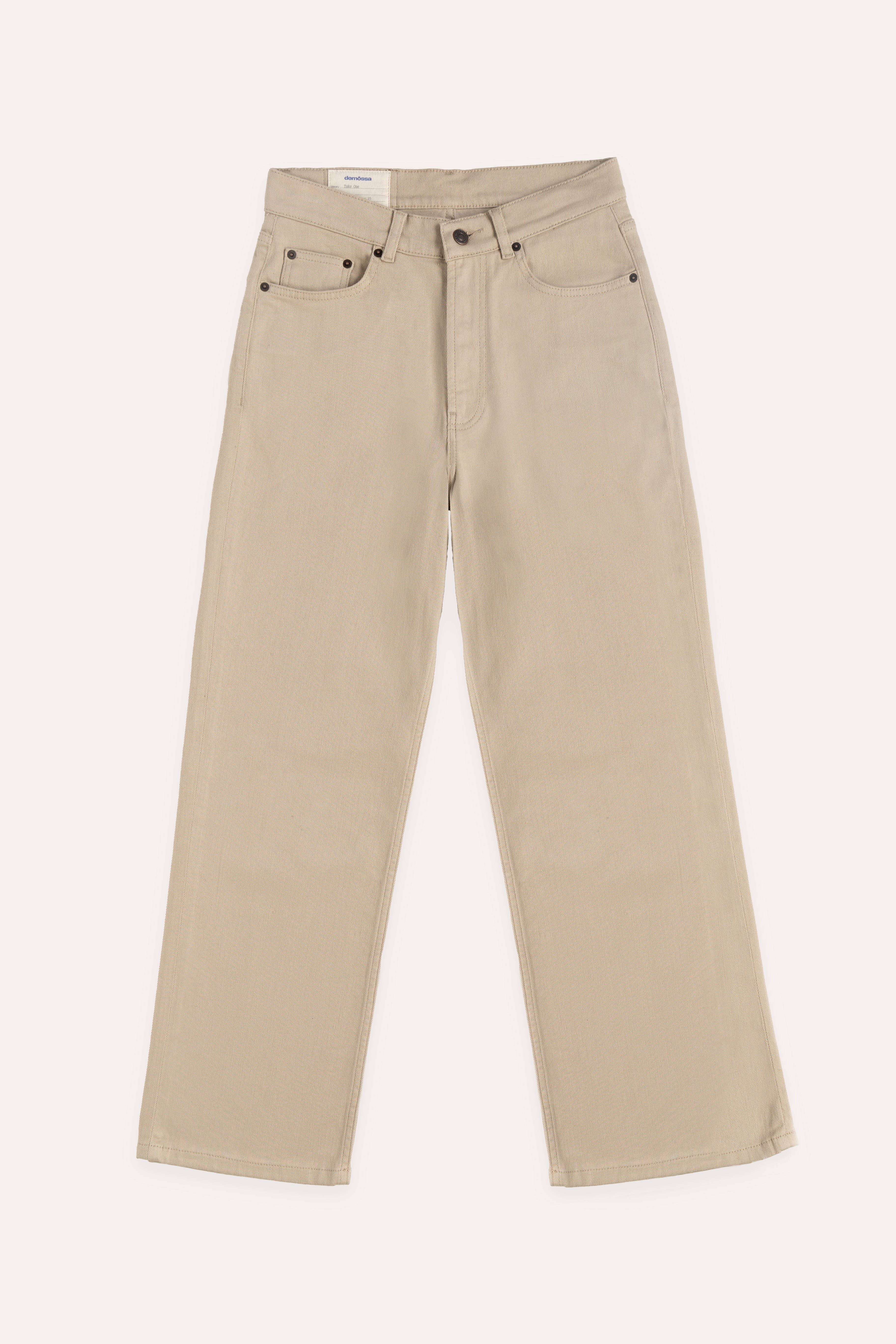 Flat lay of beige denim jeans with button closure, front pockets, and straight-leg cut
