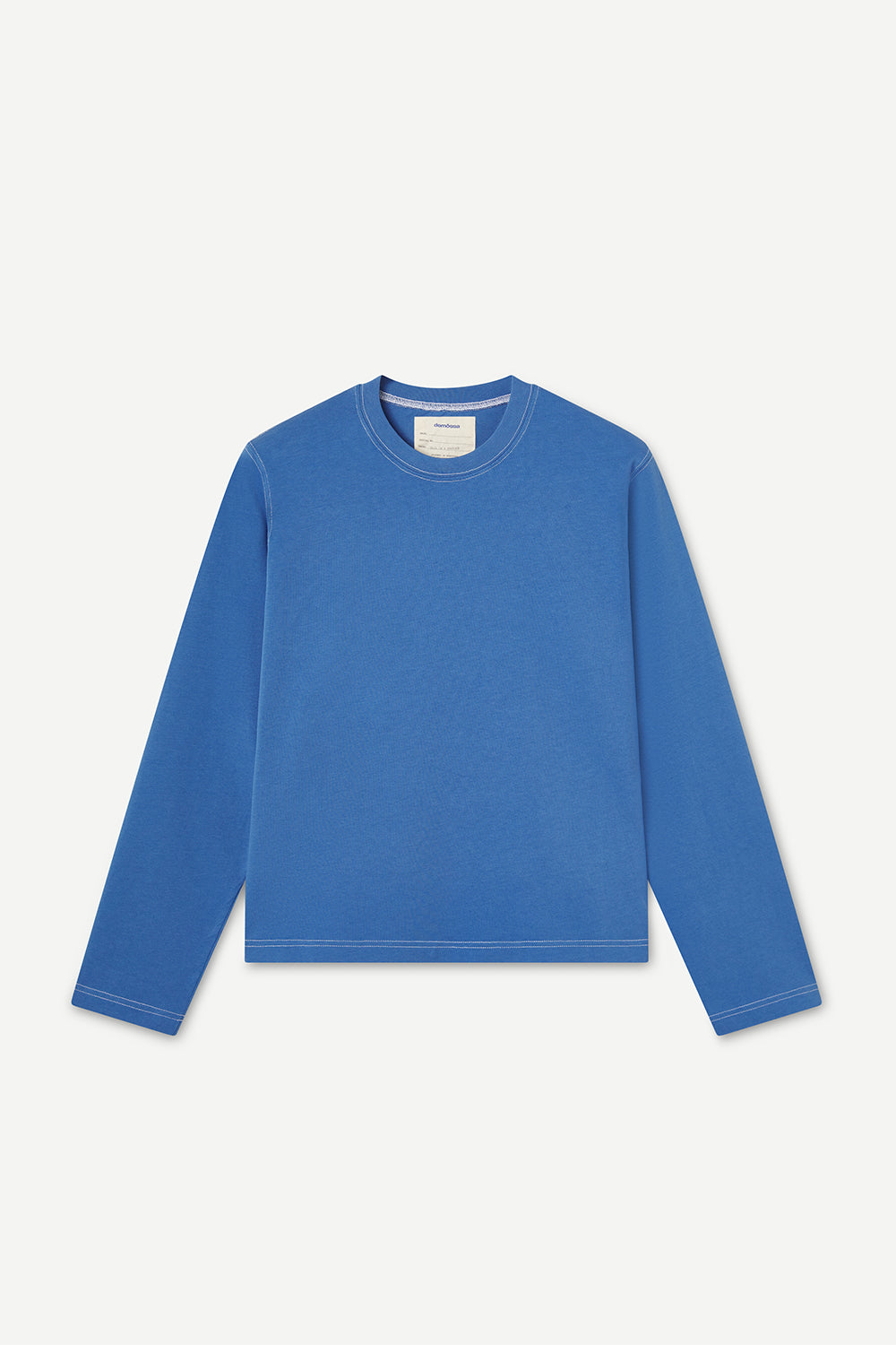 Blue long-sleeve shirt on a light gray background