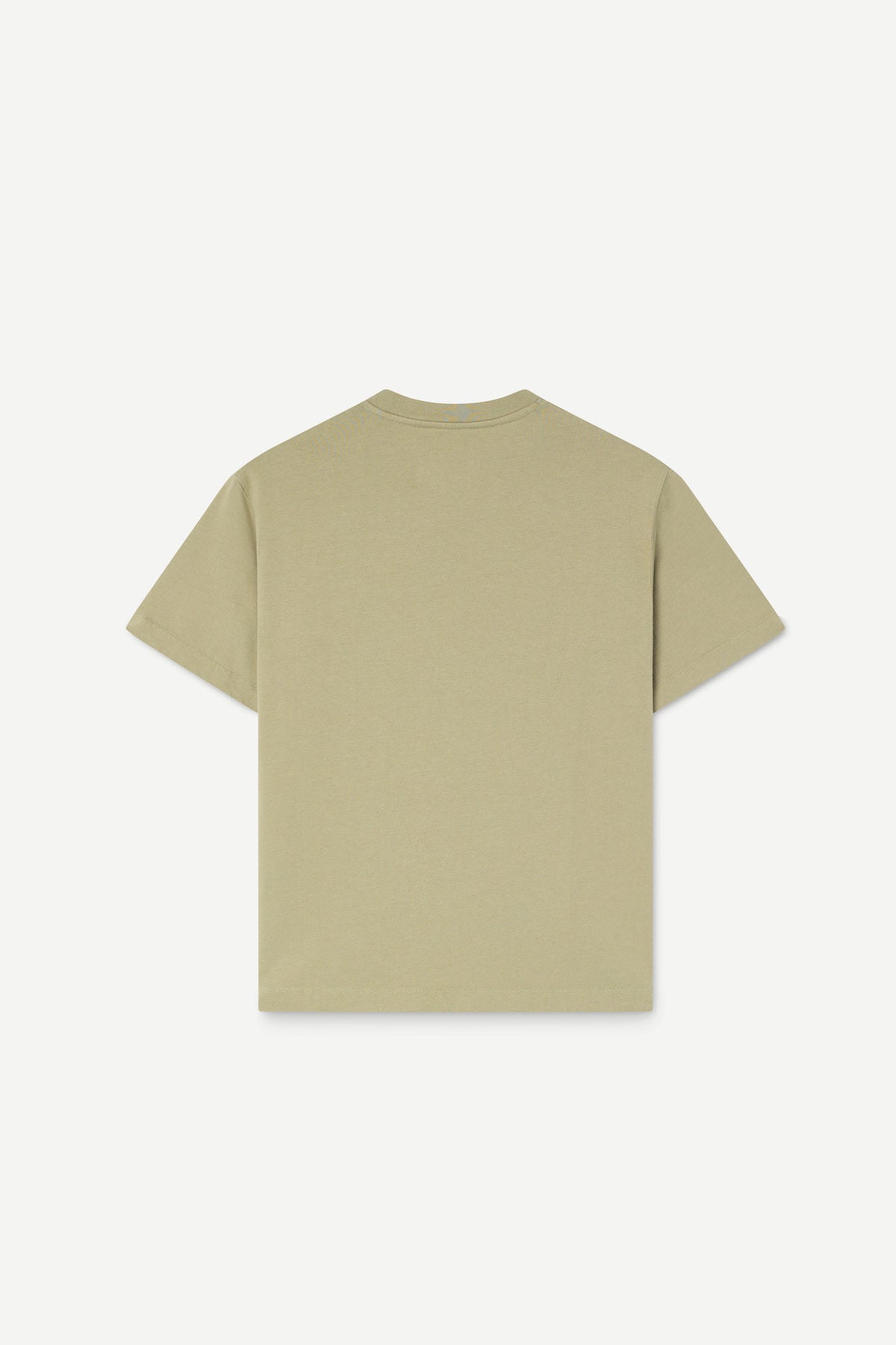 A light sage green short-sleeve t-shirt shown from the back, centered on a clean off-white background.