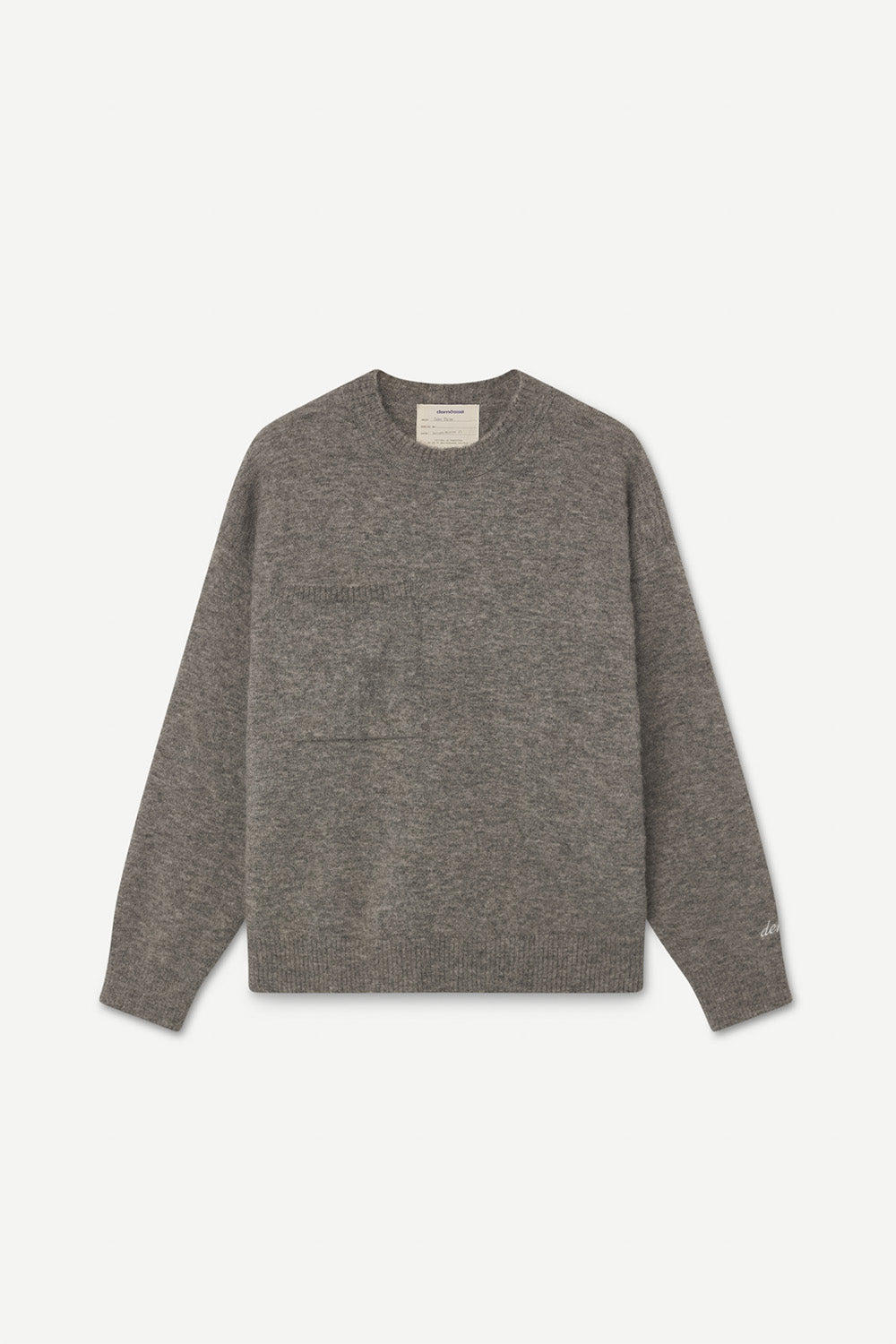 Grey sweater with front chest pocket on a white background
