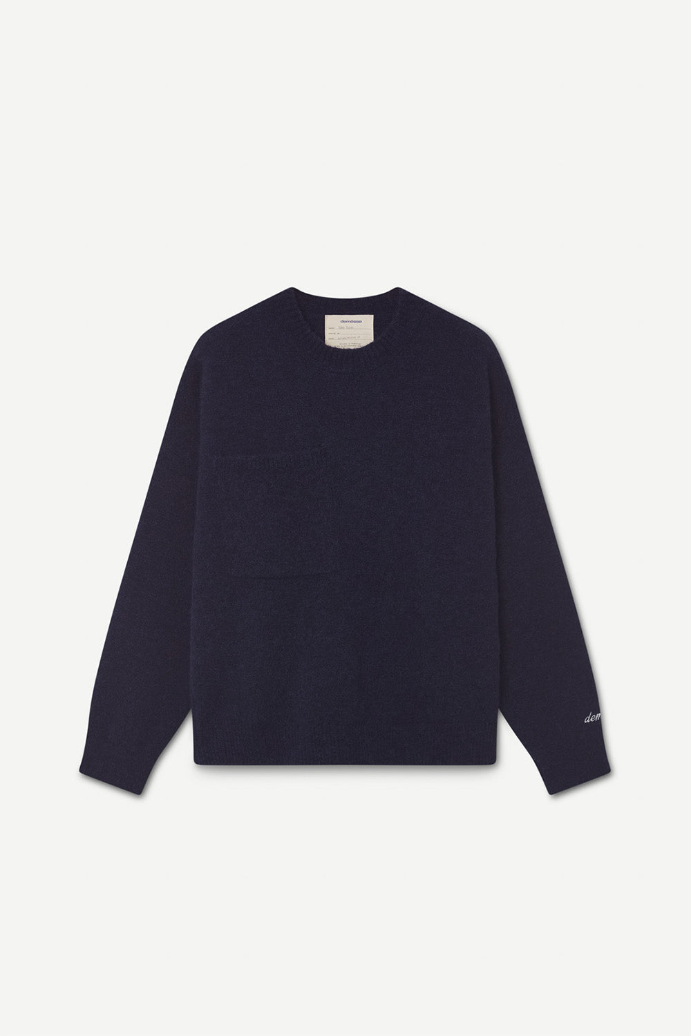Navy sweater with front chest pocket on a white background