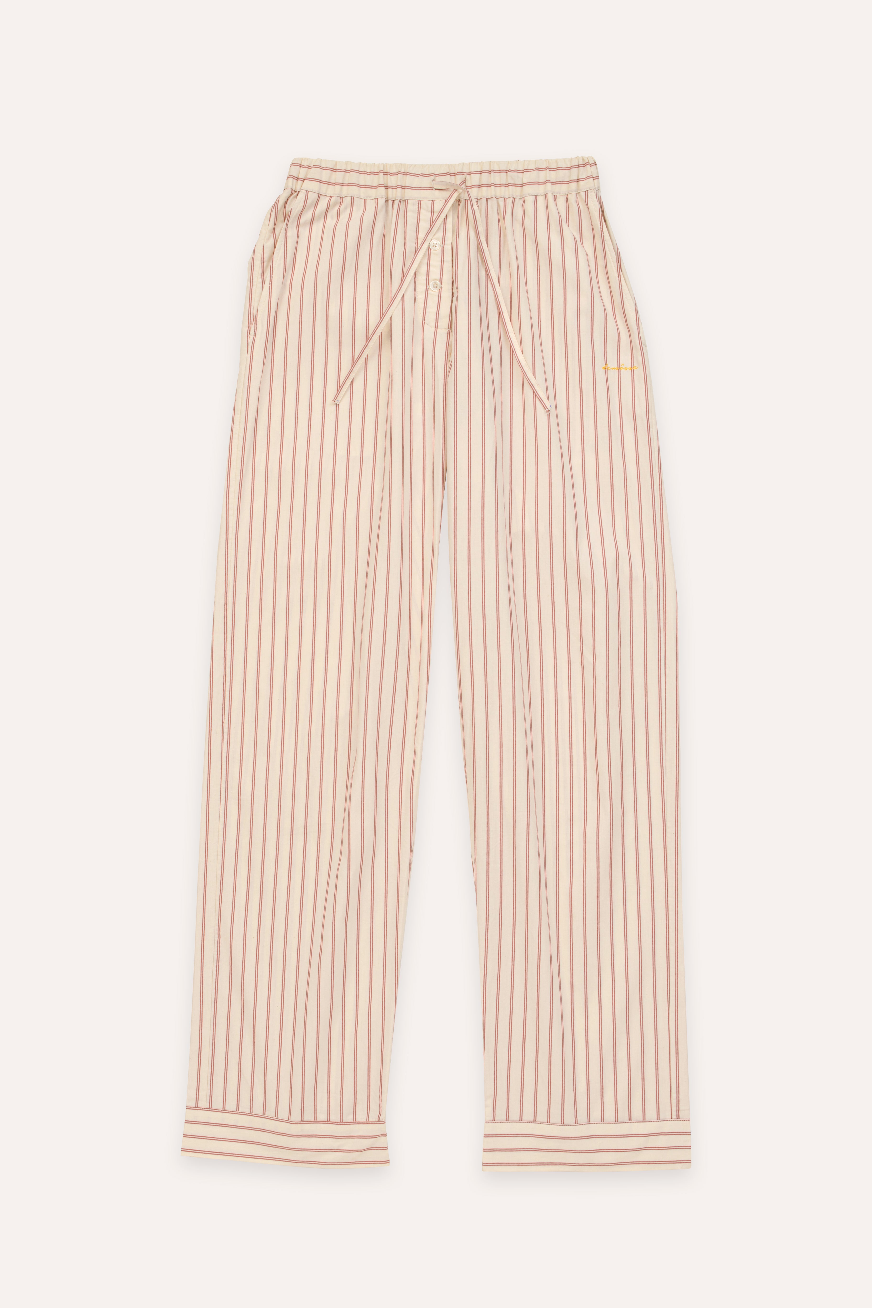 Cream stripped cotton pants on a white background
