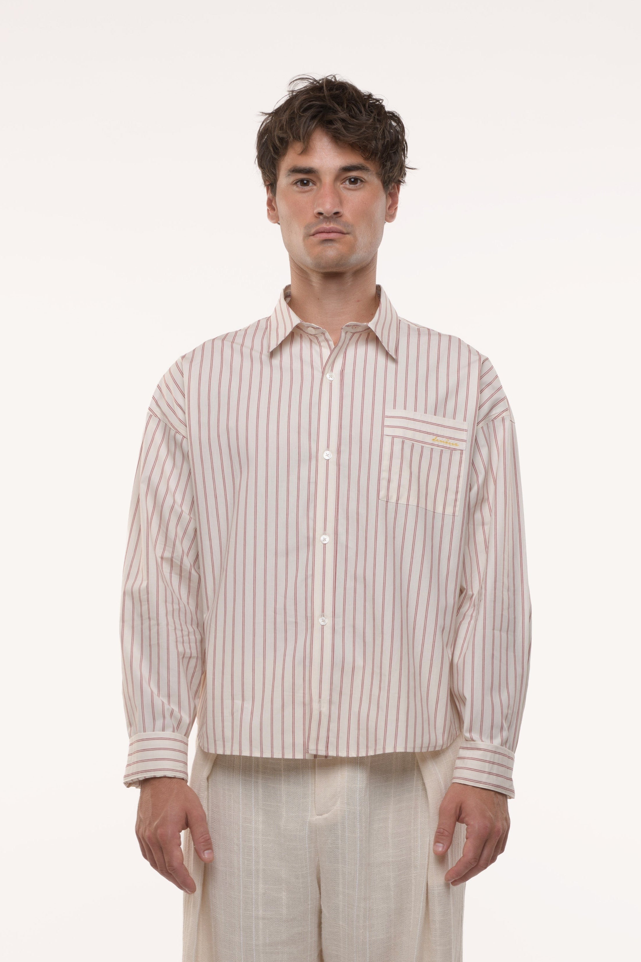 Man wearing a striped shirt and beige pants on a white background